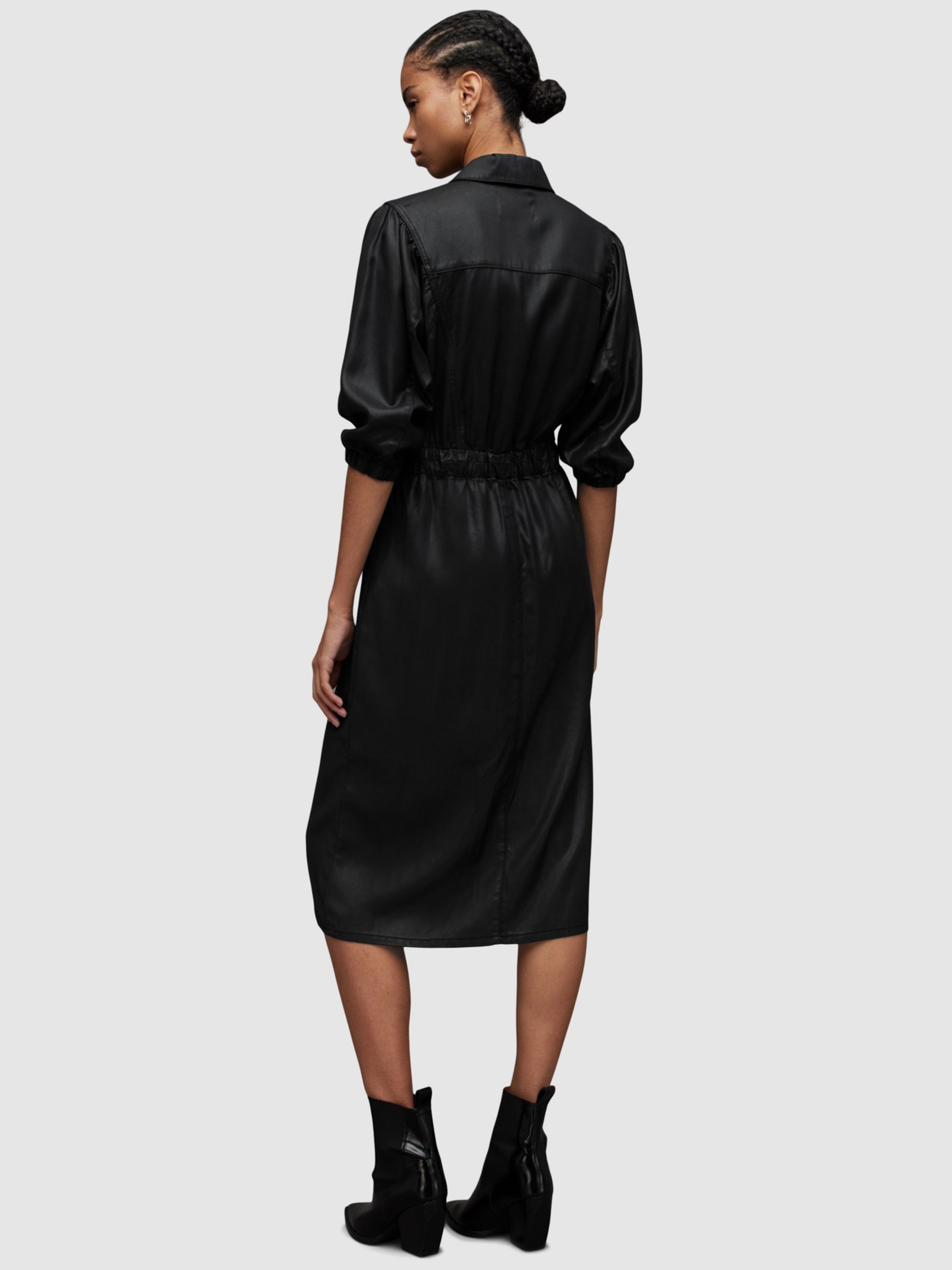 AllSaints Osa Coated Denim Midi Shirt Dress, Black at John Lewis