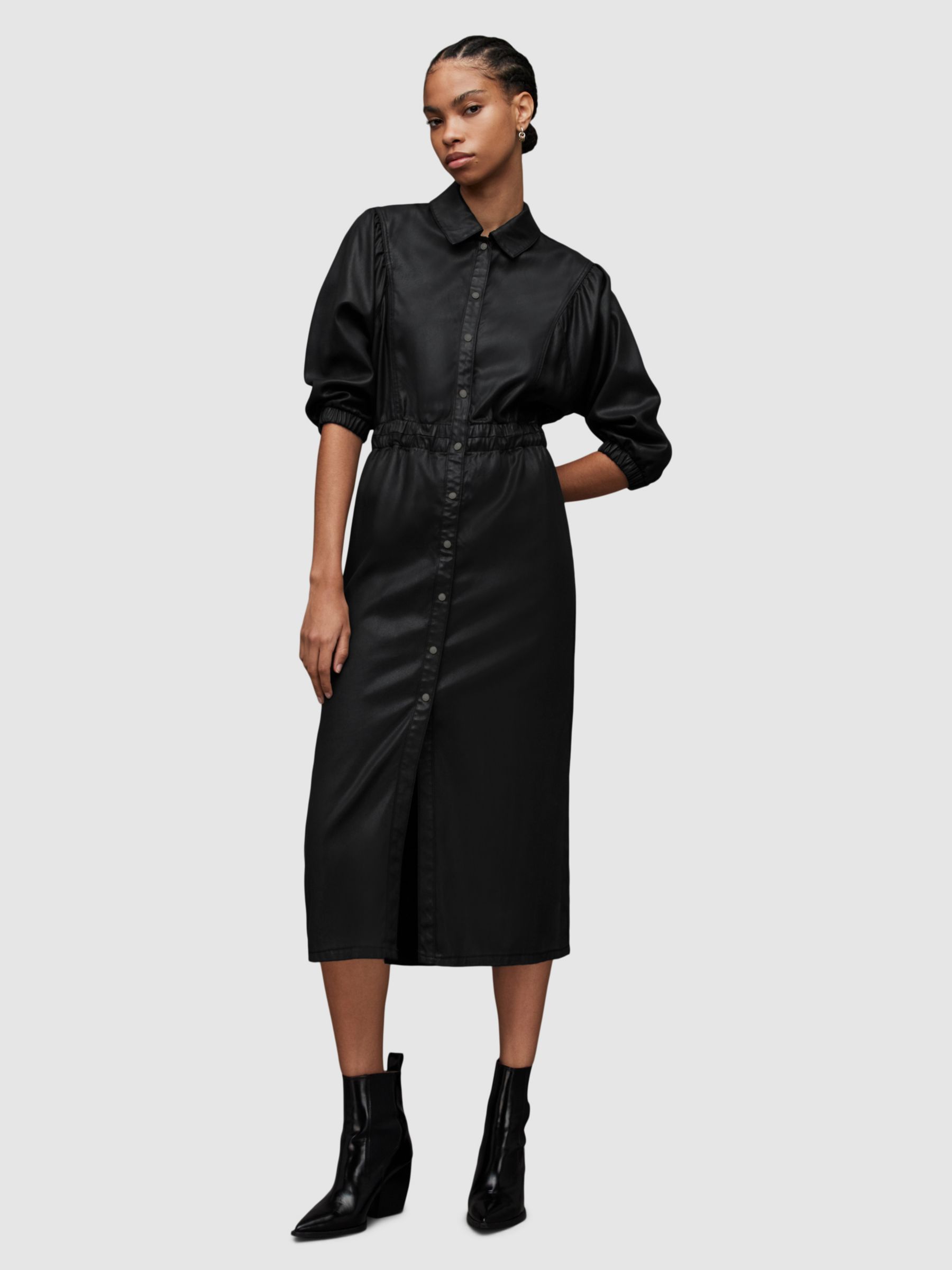 AllSaints Osa Coated Denim Midi Shirt Dress, Black at John Lewis