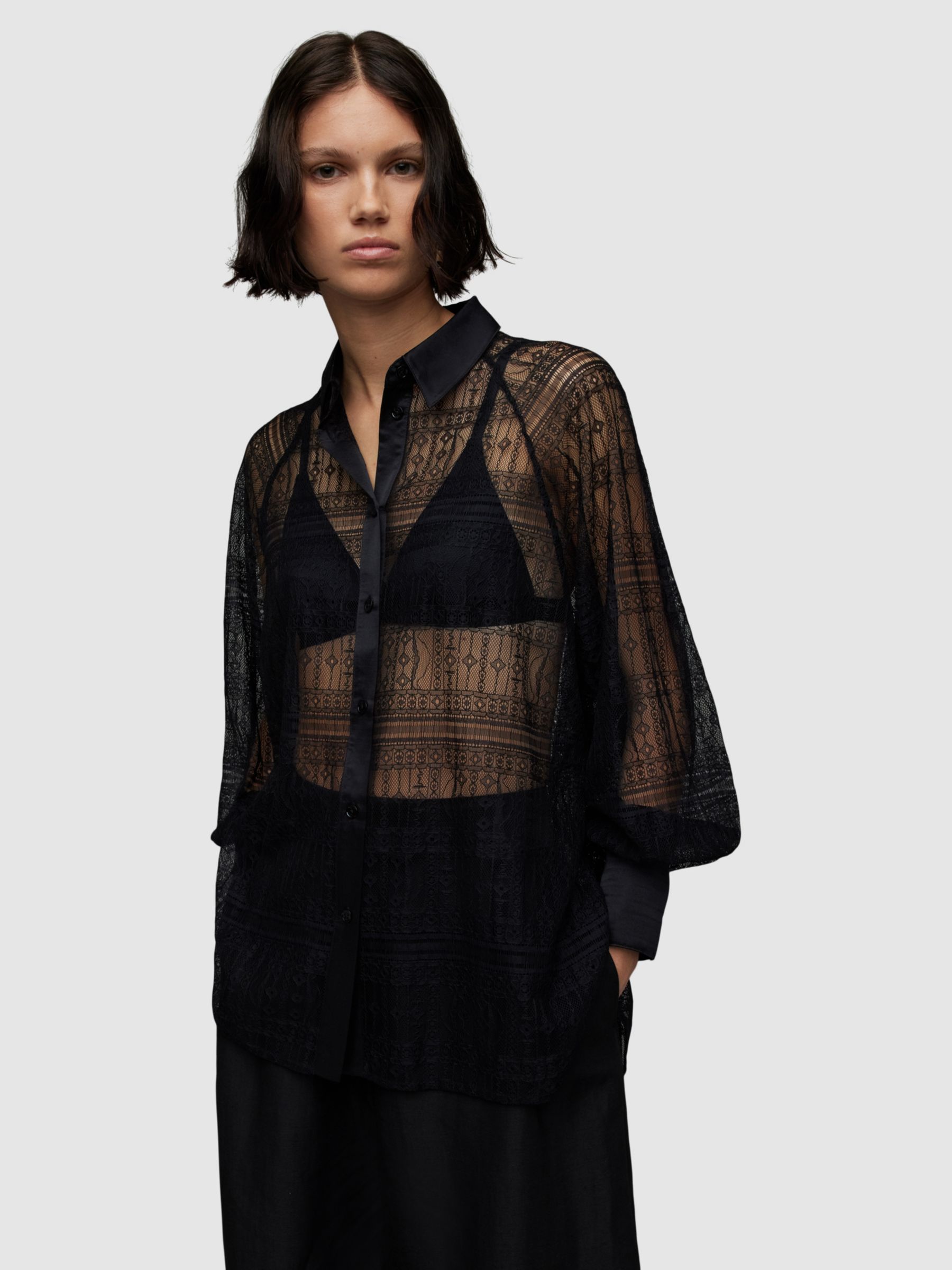 AllSaints Oana Silk Blend Lace Shirt, Black at John Lewis & Partners