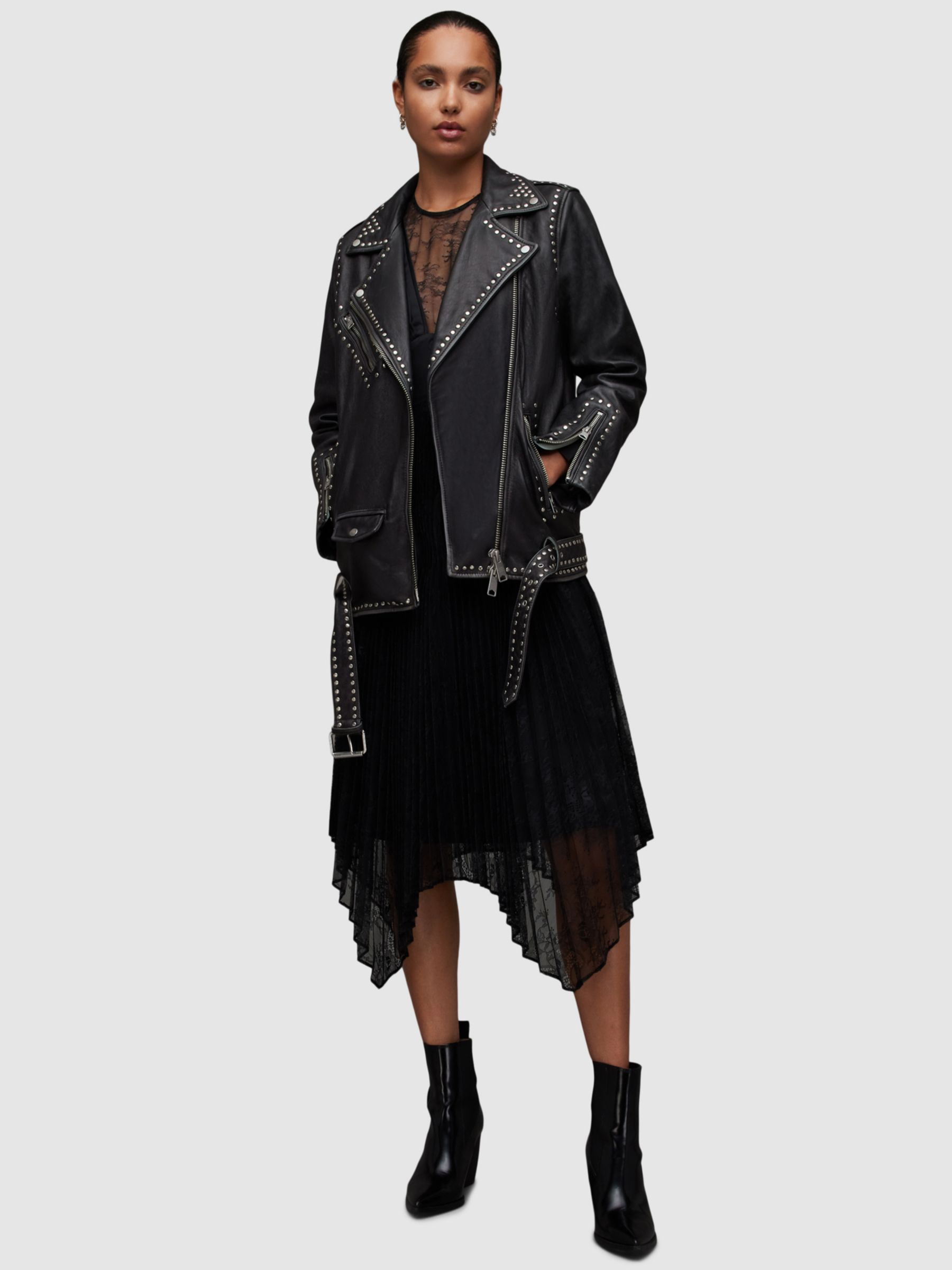 AllSaints Billie Rocker Leather Biker Jacket, Washed Black, XS
