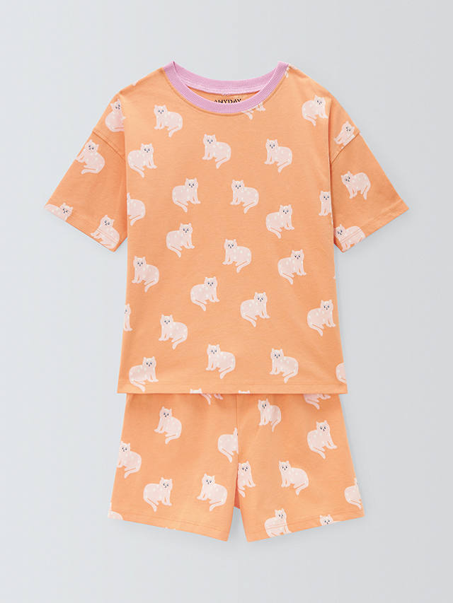 John Lewis ANYDAY Kids' Cat Print Shorts Pyjamas, Orange