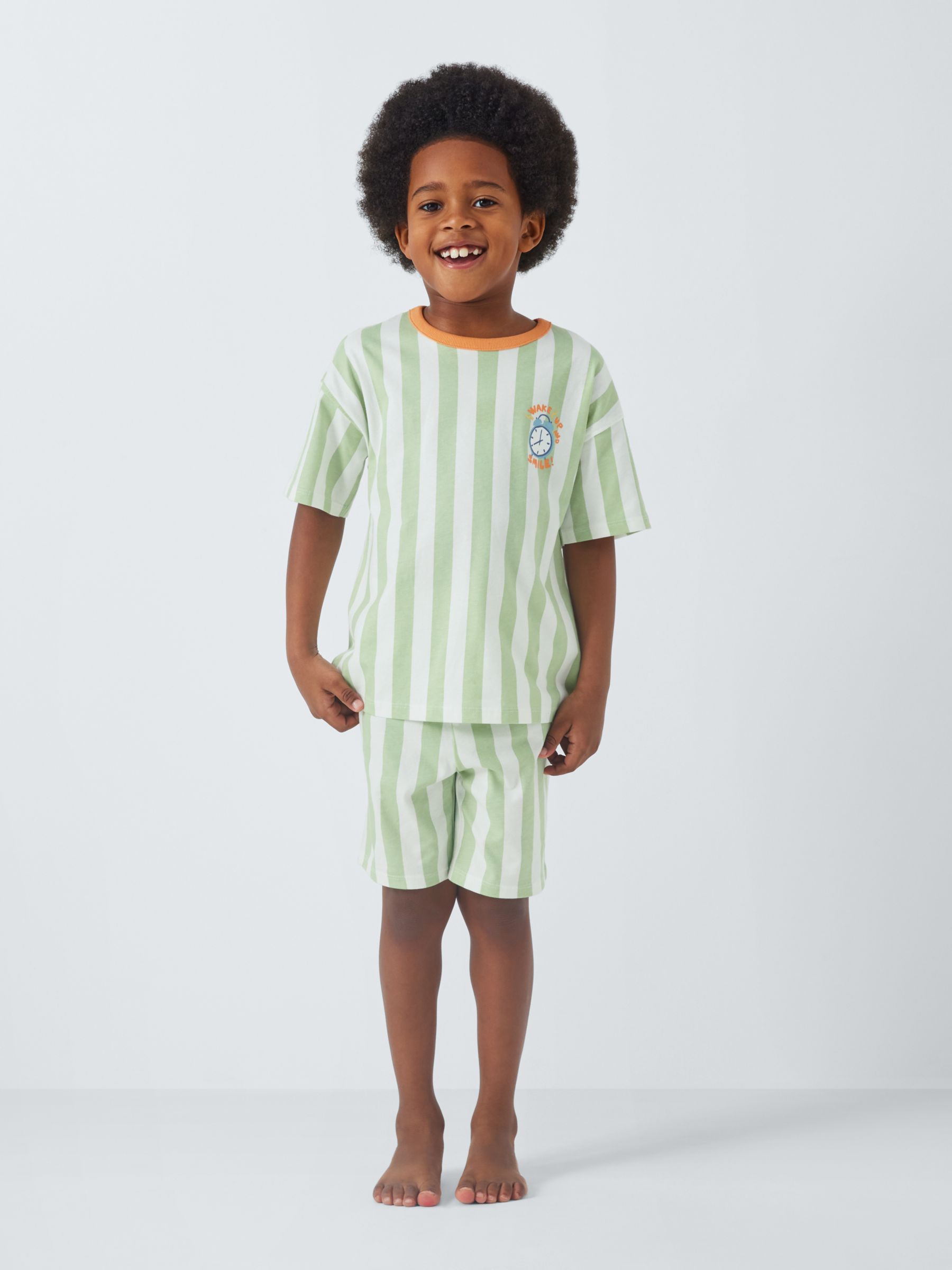 John Lewis ANYDAY Kids' Clock Vertical Stripe Short Pyjamas, Green, 5 years