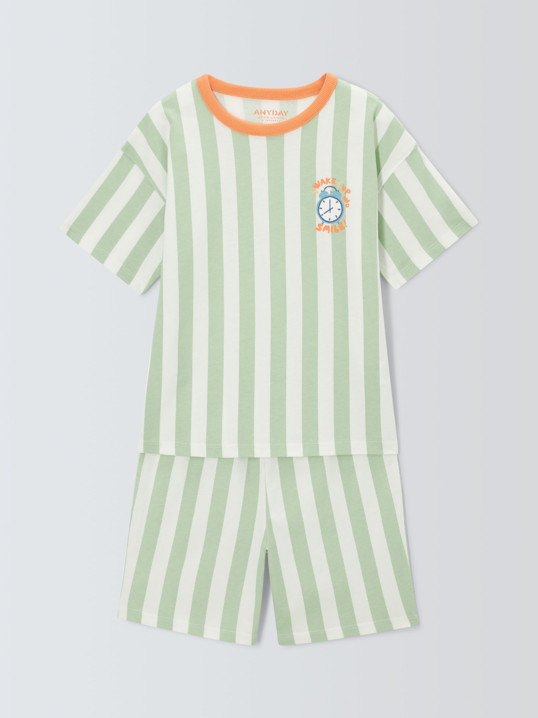 John Lewis ANYDAY Kids' Clock Vertical Stripe Short Pyjamas, Green, 5 years