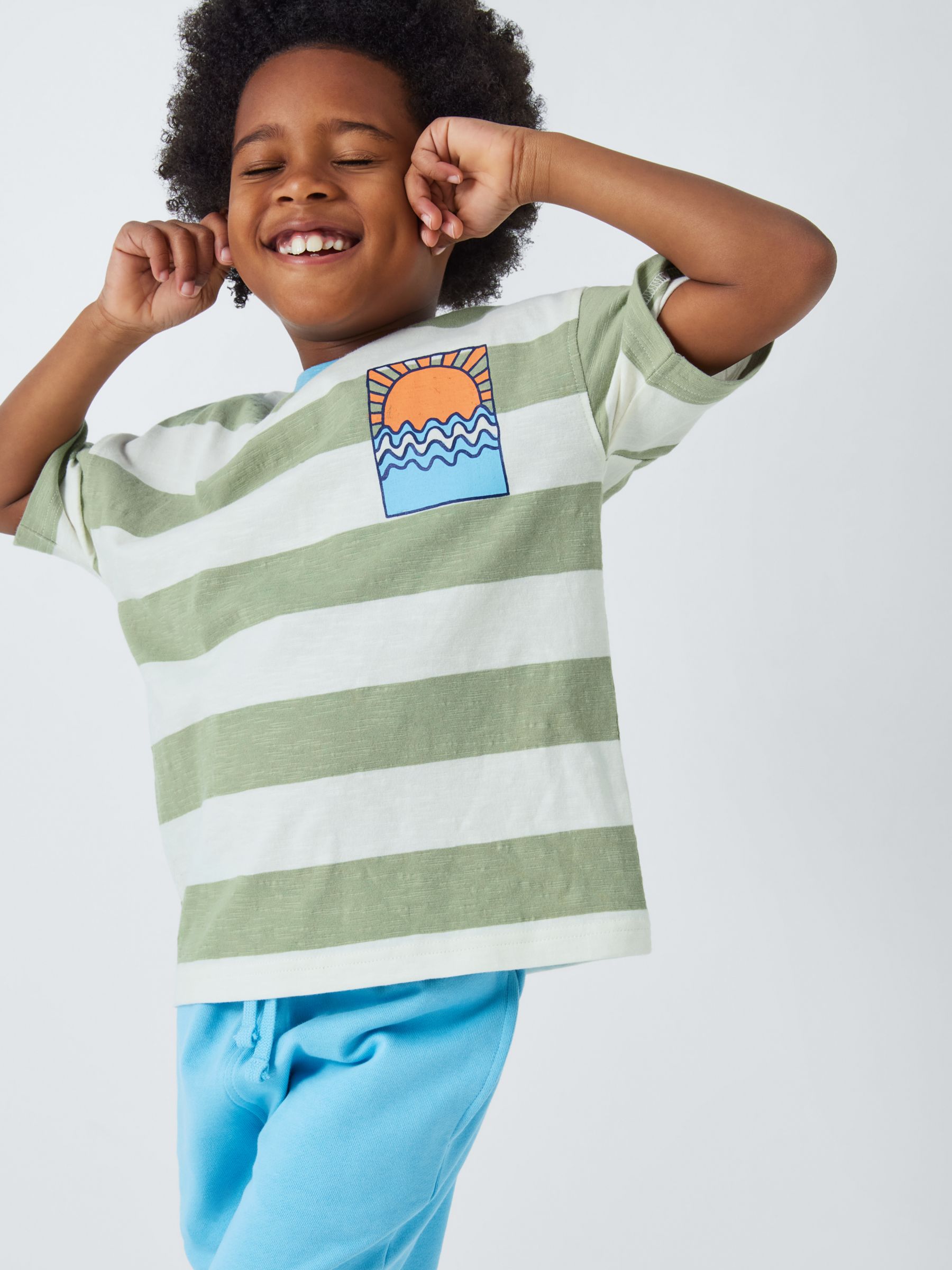 John Lewis ANYDAY Kids' Stripe Sun Graphic T-Shirt, Sage Green, 8 years
