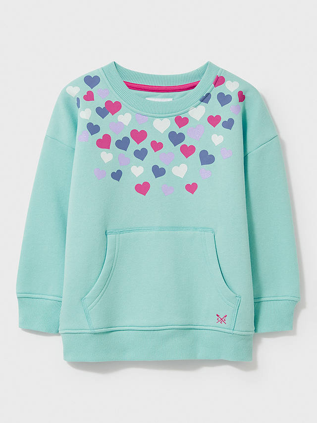 Crew Clothing Kids' Glitter Print Heart Sweatshirt, Turquoise Blue