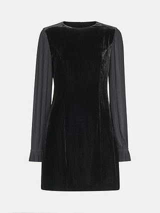 Whistles Petite Velvet Pleated Puff Sleeve Mini Dress, Black