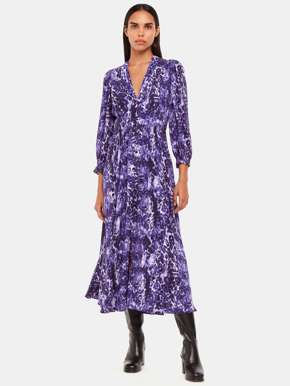 Whistles Glossy Leopard Midi Dress, Purple/Multi at John Lewis & Partners