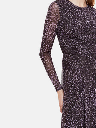 Whistles Feather Leopard Mesh Midi Dress, Purple/Multi