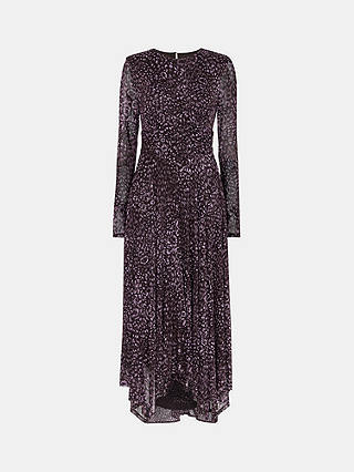 Whistles Feather Leopard Mesh Midi Dress, Purple/Multi