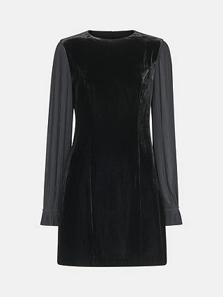 Whistles Velvet Pleat Sleeve Mini Dress, Black