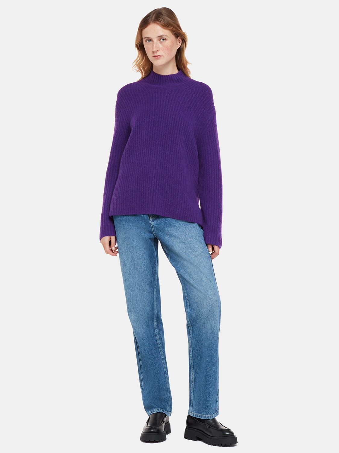 Whistles Wool Mix Ribbed Funnel Neck Jumper, Purple at John Lewis ...