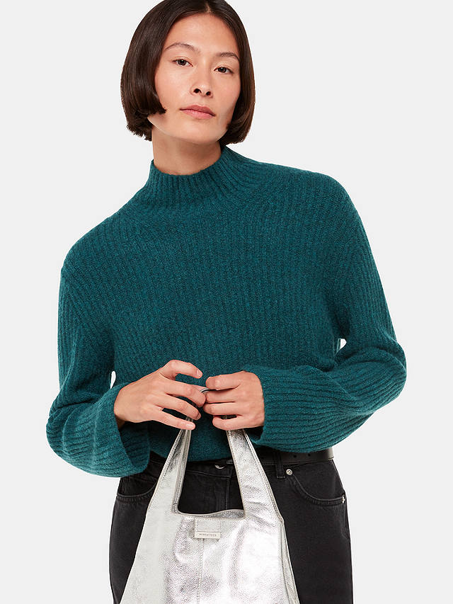 Whistles Wool Mix Ribbed Funnel Neck Jumper, Teal