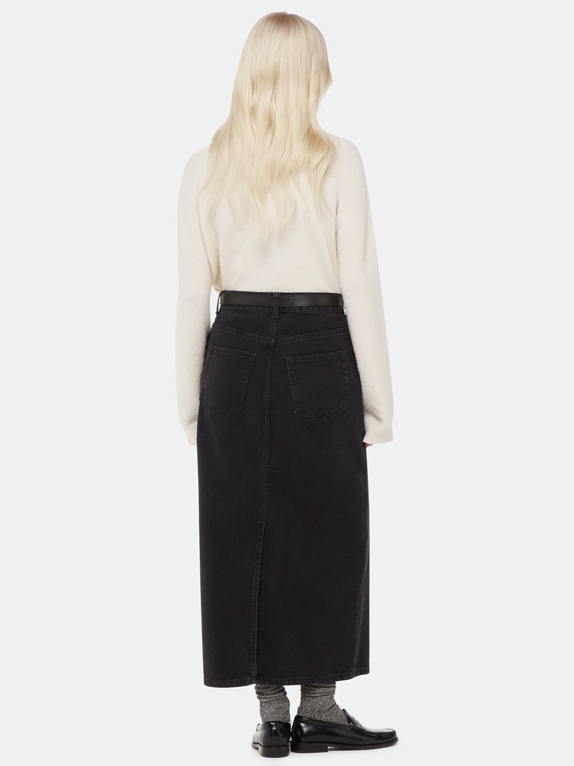 Whistles Petite Straight Denim Midi Skirt, Washed Black, 6
