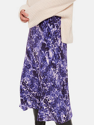 Whistles Glossy Leopard Print Bias Cut Midi Skirt, Purple/Multi
