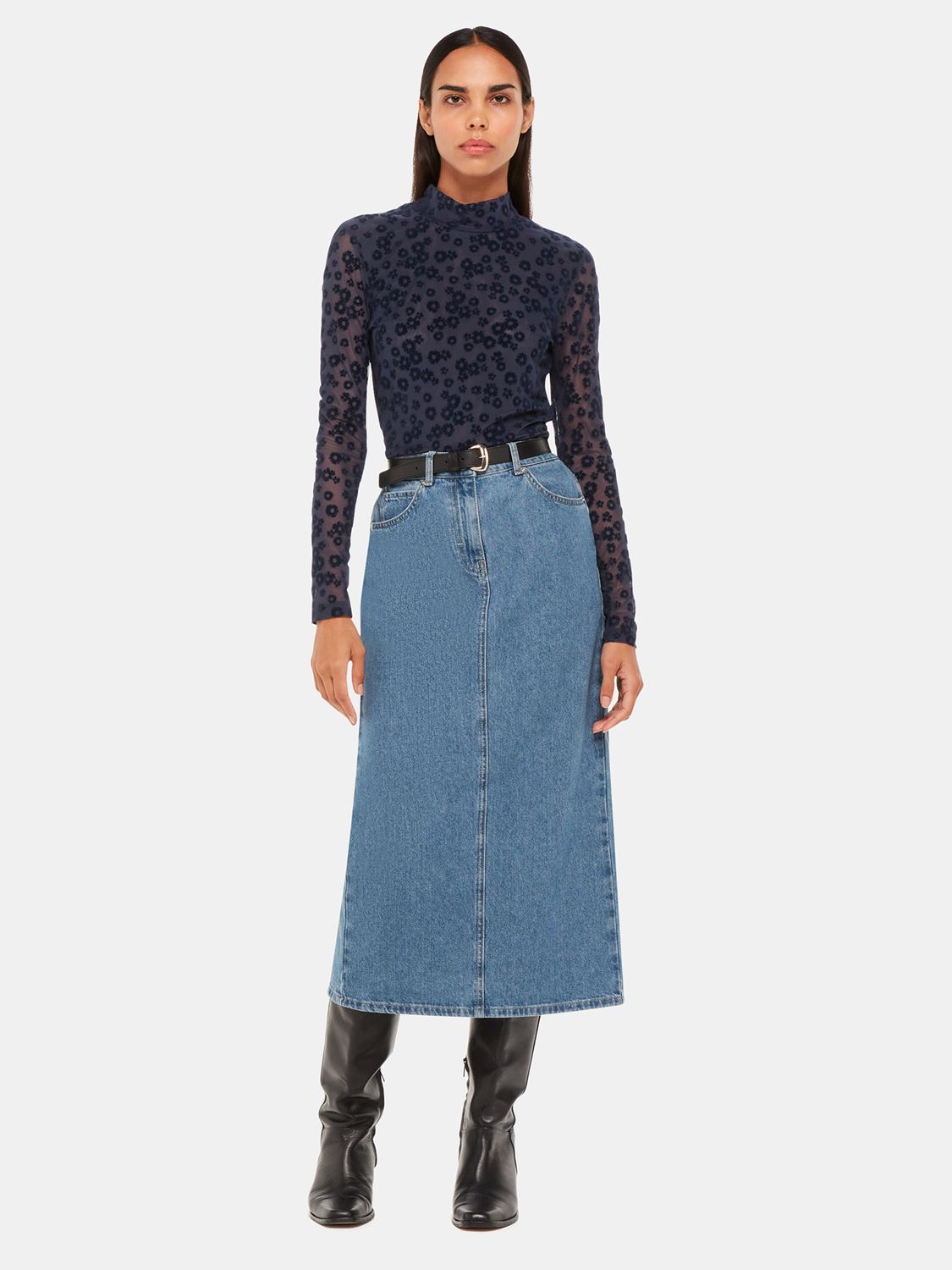 Whistles Crew Neck Floral Mesh Top, Navy at John Lewis & Partners