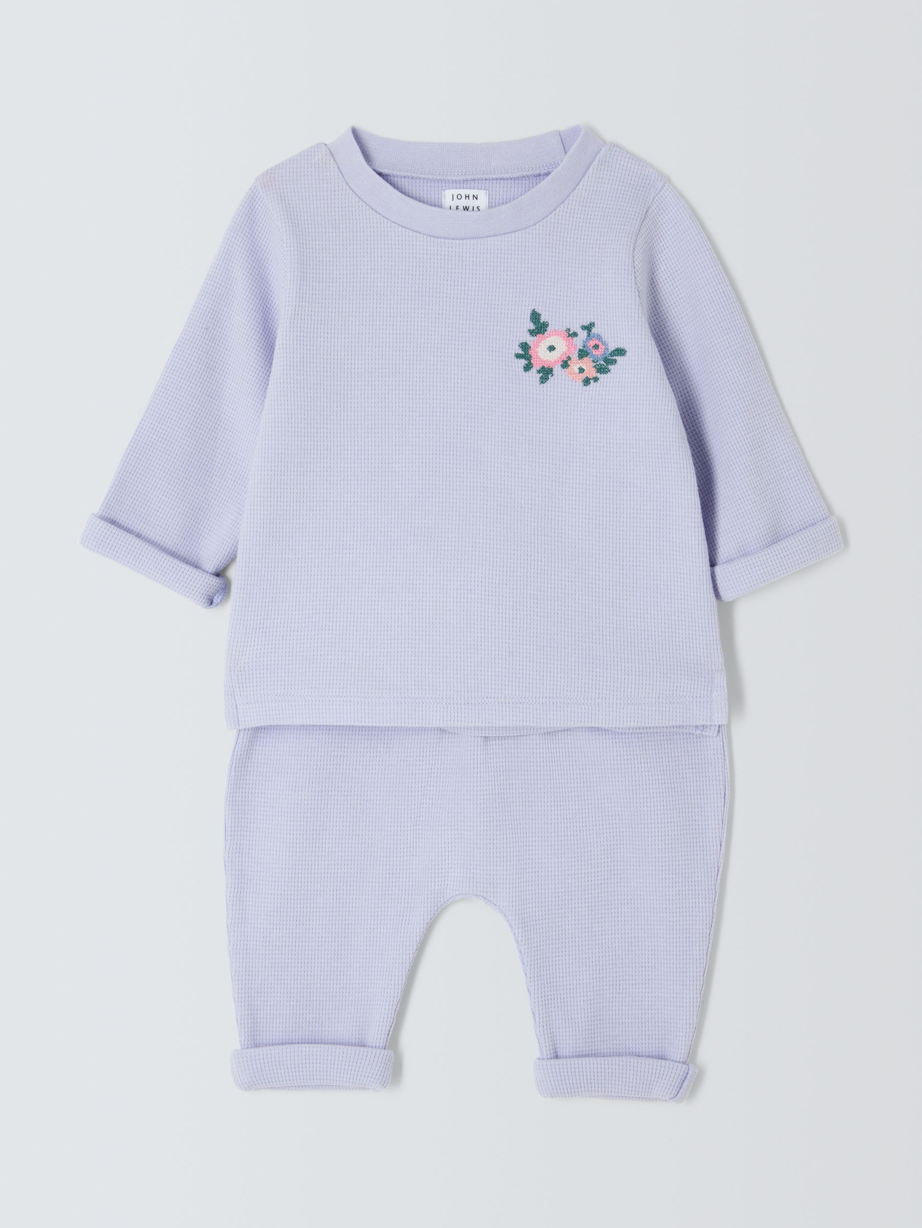 John Lewis Baby Embroided Flower Waffle Pyjamas, Purple, 18-24 months