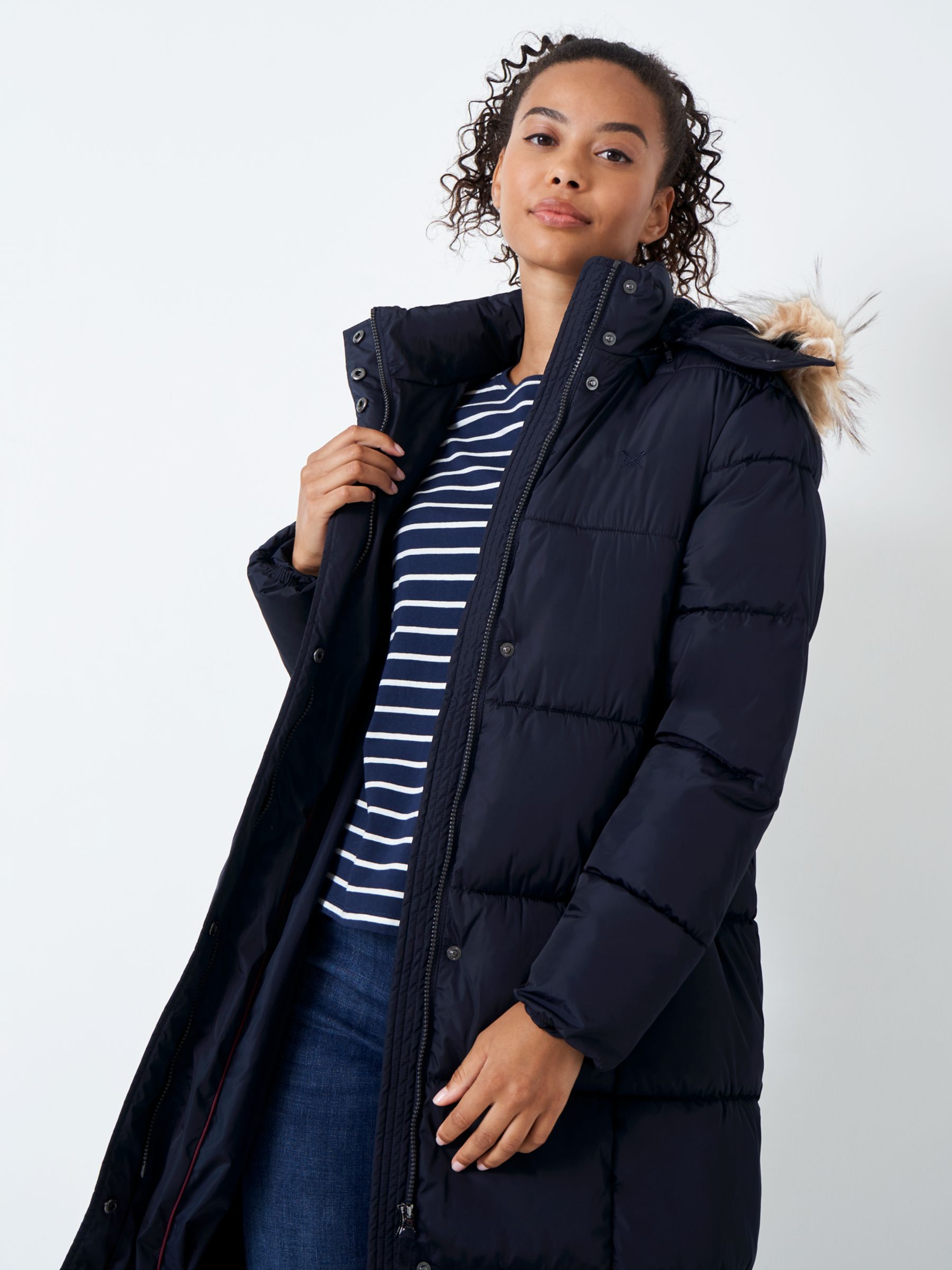 Crew Clothing Midweight Longline Padded Coat, Navy
