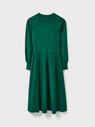 Crew Clothing Pleated Fit & Flare Knit Dress, Emerald Green