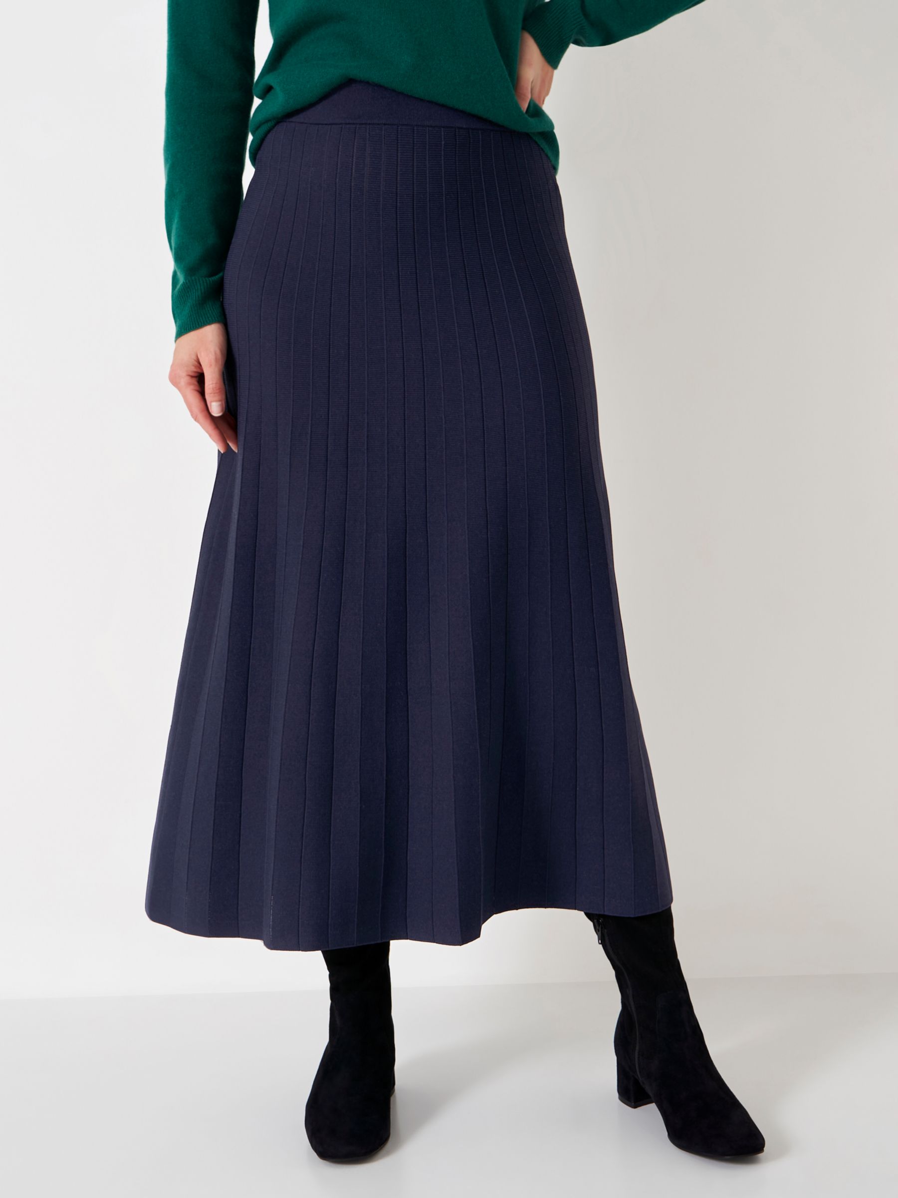 Crew Clothing Pleated Knitted Midi Skirt, Navy at John Lewis & Partners