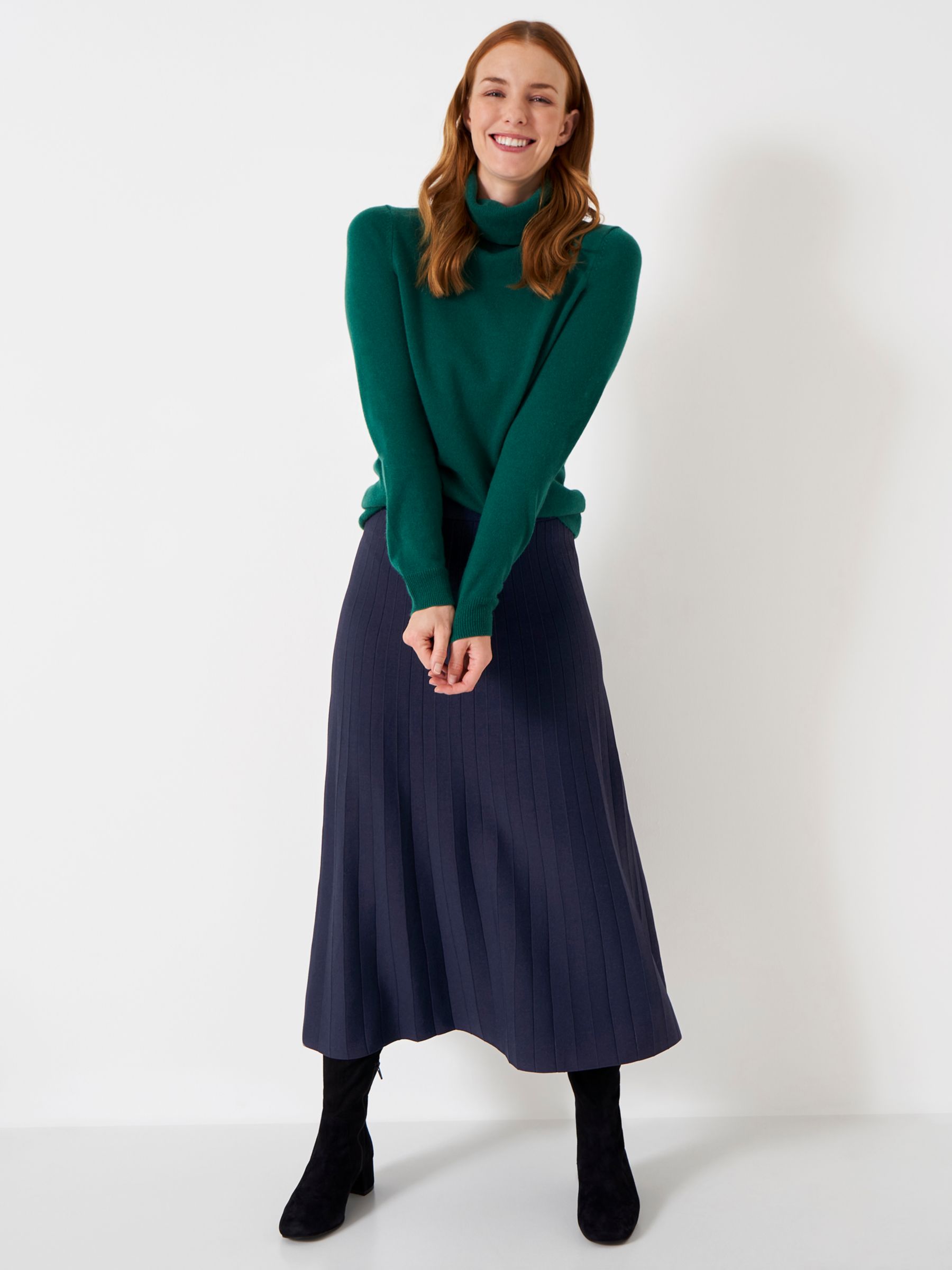 Crew Clothing Pleated Knitted Midi Skirt, Navy at John Lewis & Partners