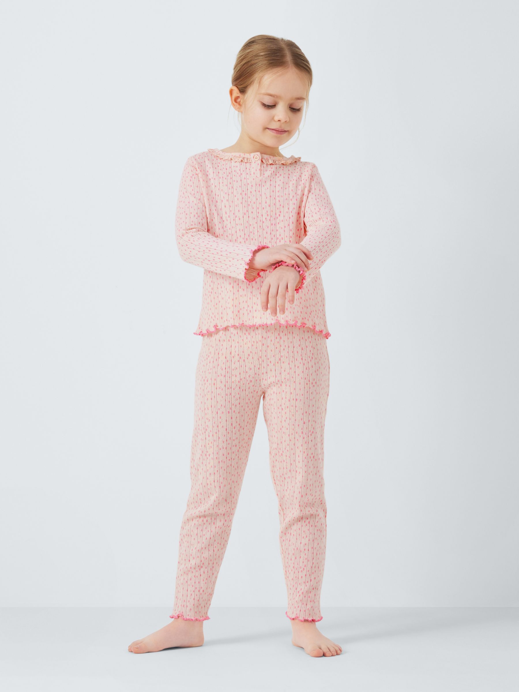 John Lewis Kids' Pointelle Henley Frill Pyjamas, Pink, 13 years
