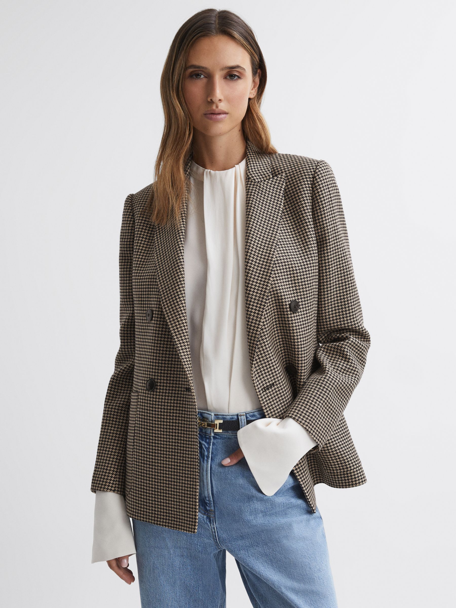 Reiss Ella Double Breasted Wool Blend Dogtooth Blazer, Black/Camel at ...
