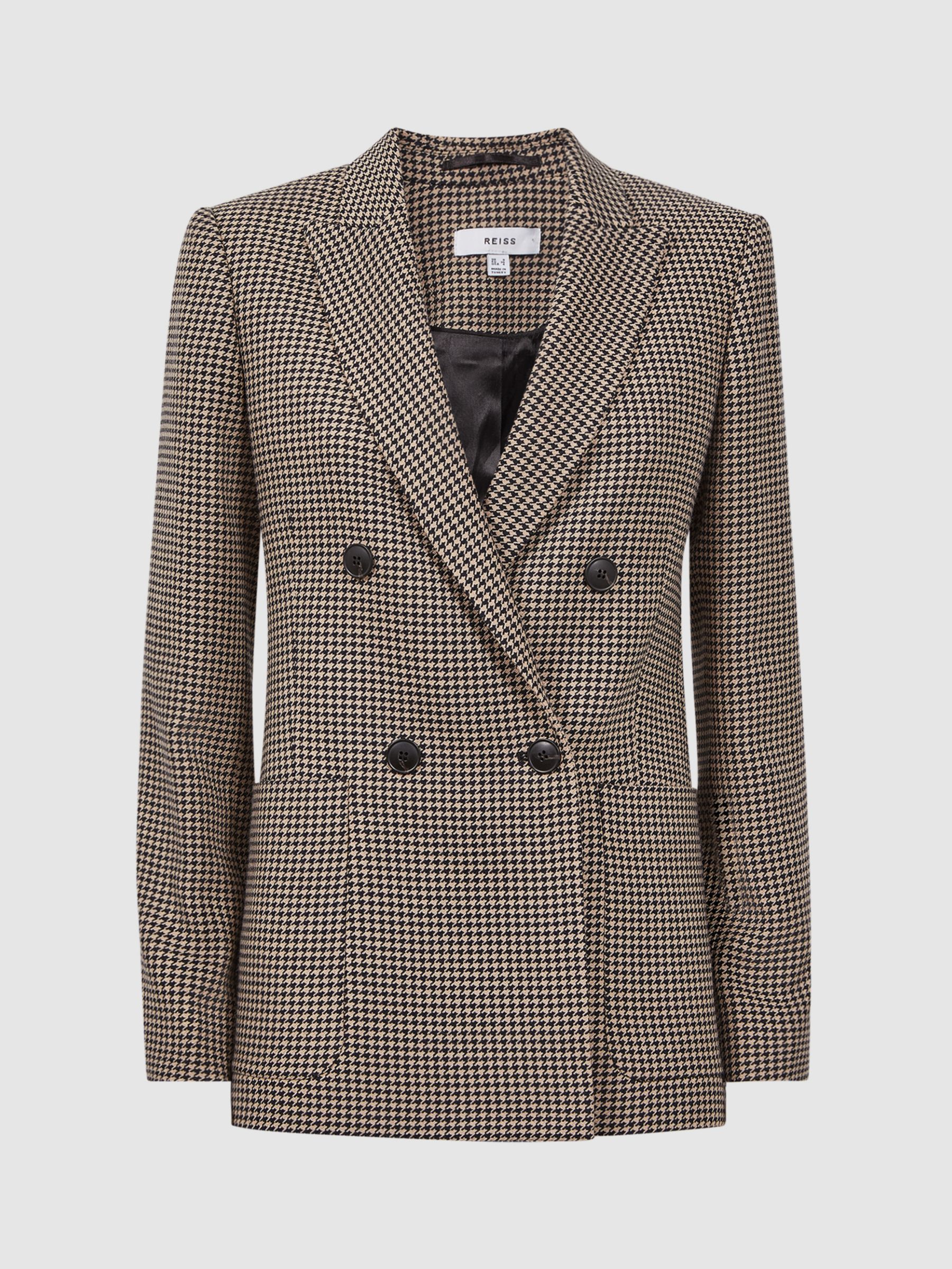 Reiss Ella Double Breasted Wool Blend Dogtooth Blazer, Black/Camel at ...