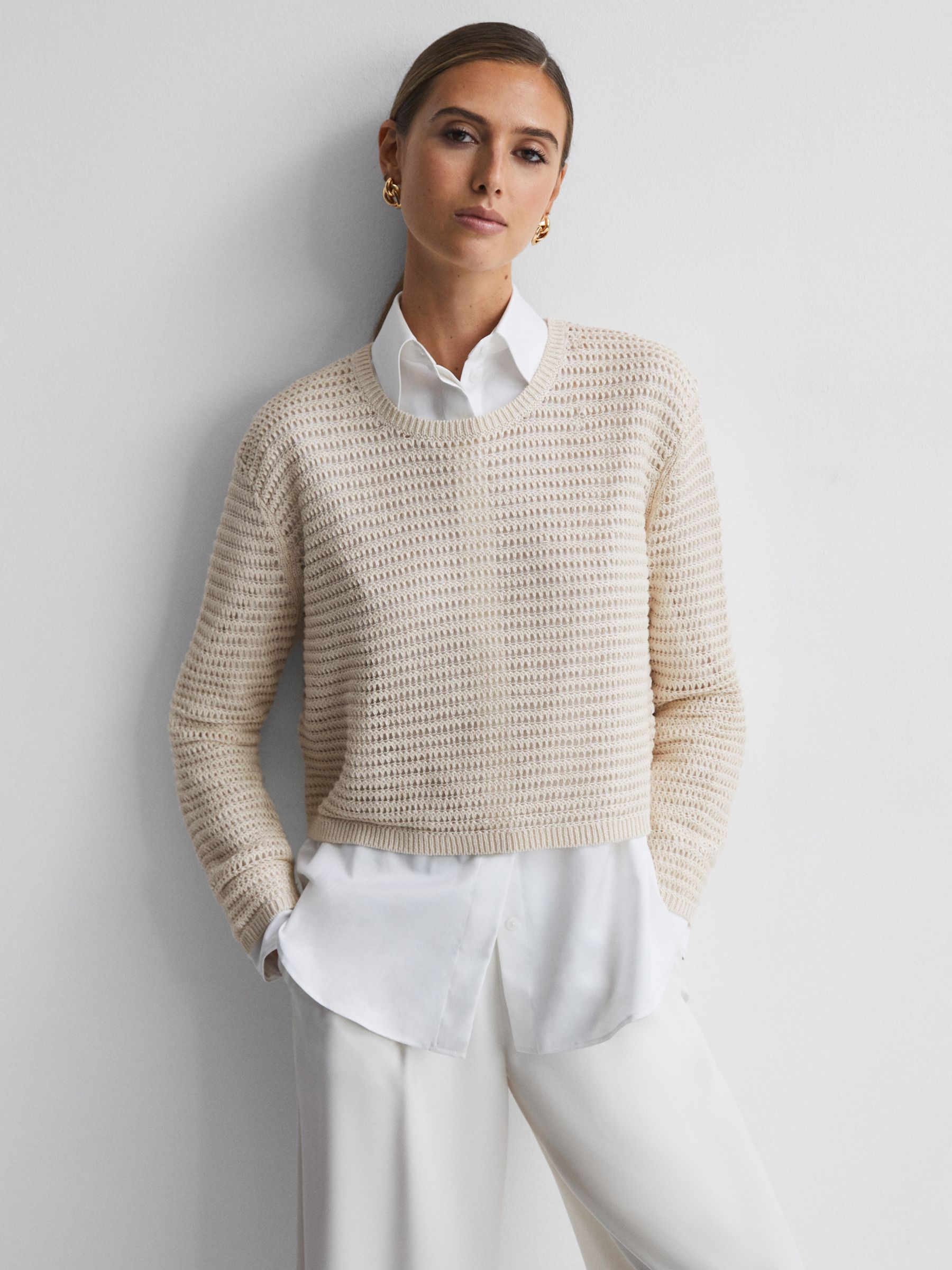 Reiss Avril Open Stitch Crew neck Jumper, Ivory at John Lewis & Partners