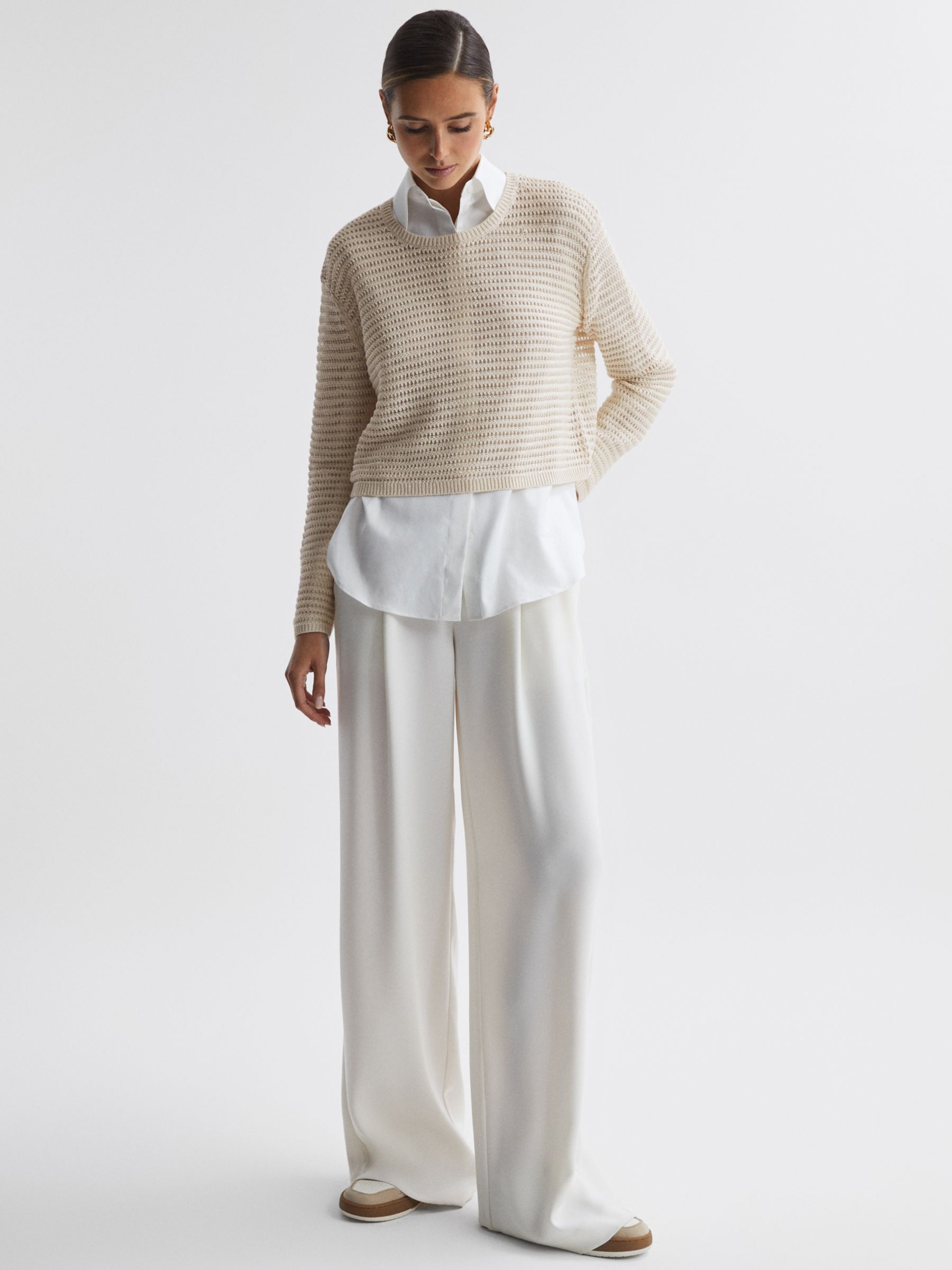 Reiss Avril Open Stitch Crew neck Jumper, Ivory at John Lewis & Partners