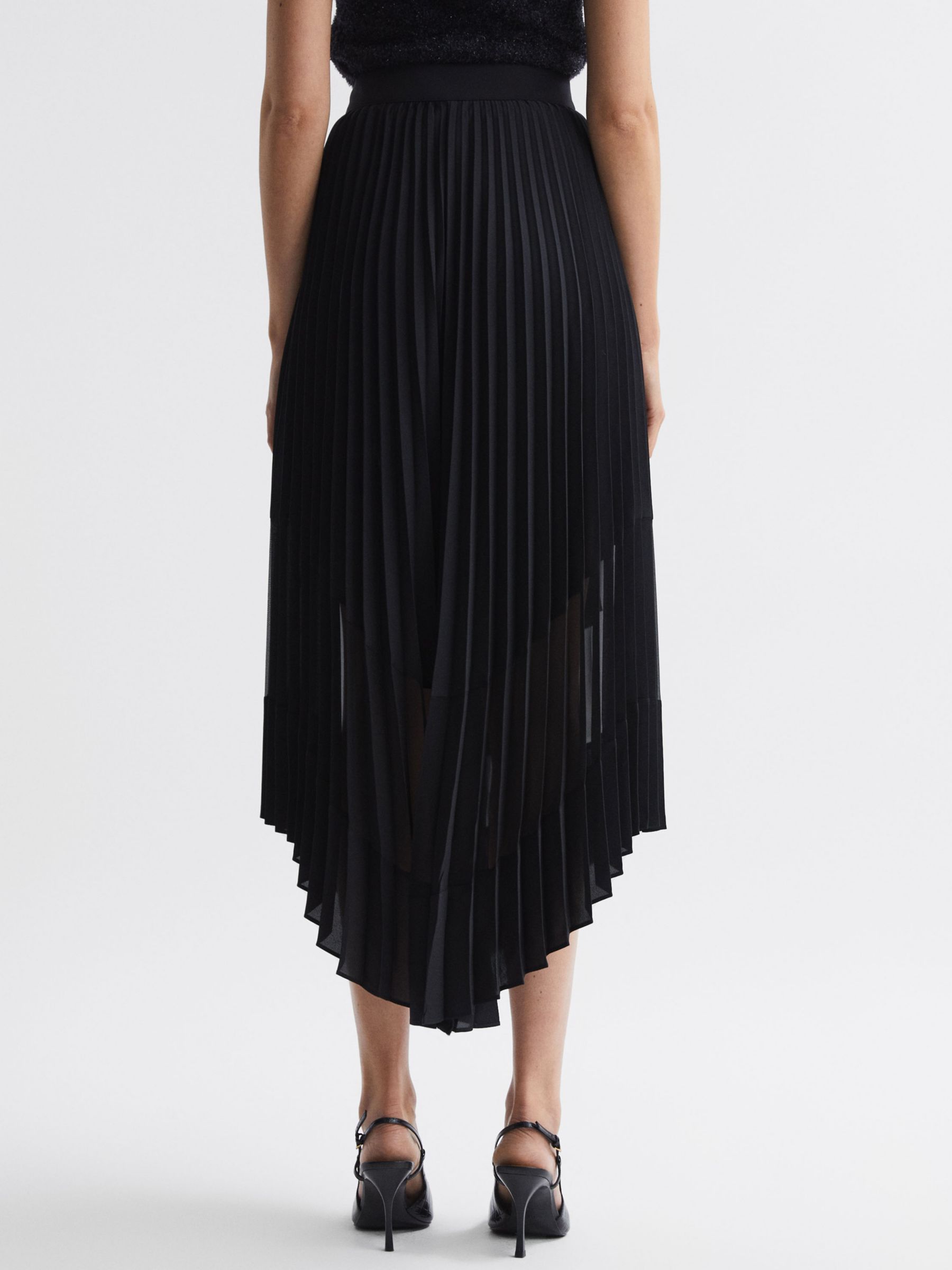 Reiss Dina Plisse Asymmetric Hem Midi Skirt, Black at John Lewis & Partners
