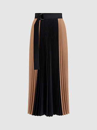 Reiss Ava Colourblock Pleated Midi Skirt, Black/Multi
