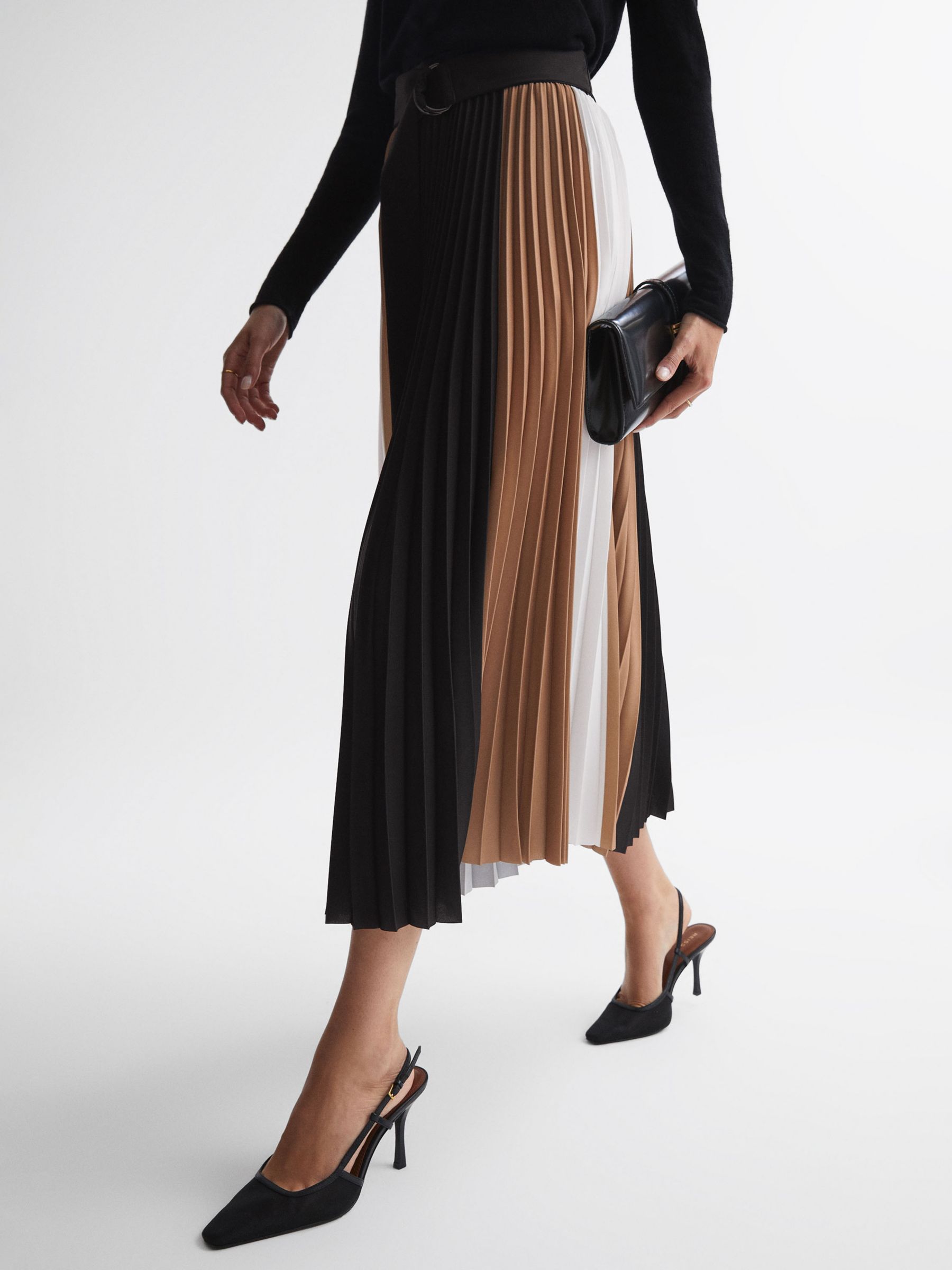 Buy Reiss Ava Colourblock Pleated Midi Skirt, Black/Multi Online at johnlewis.com