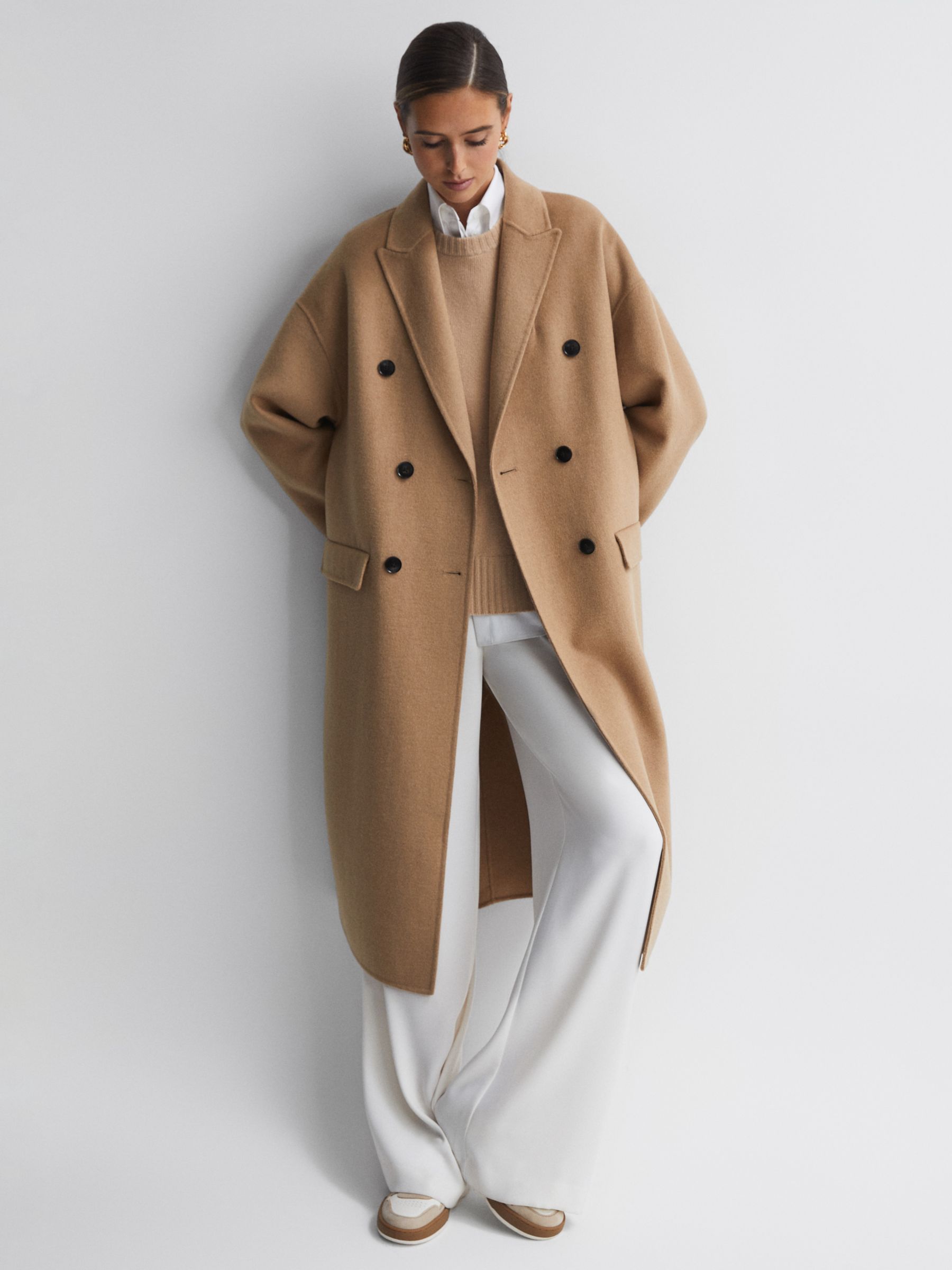 Reiss Layah Long Double Breasted Coat, Camel at John Lewis & Partners