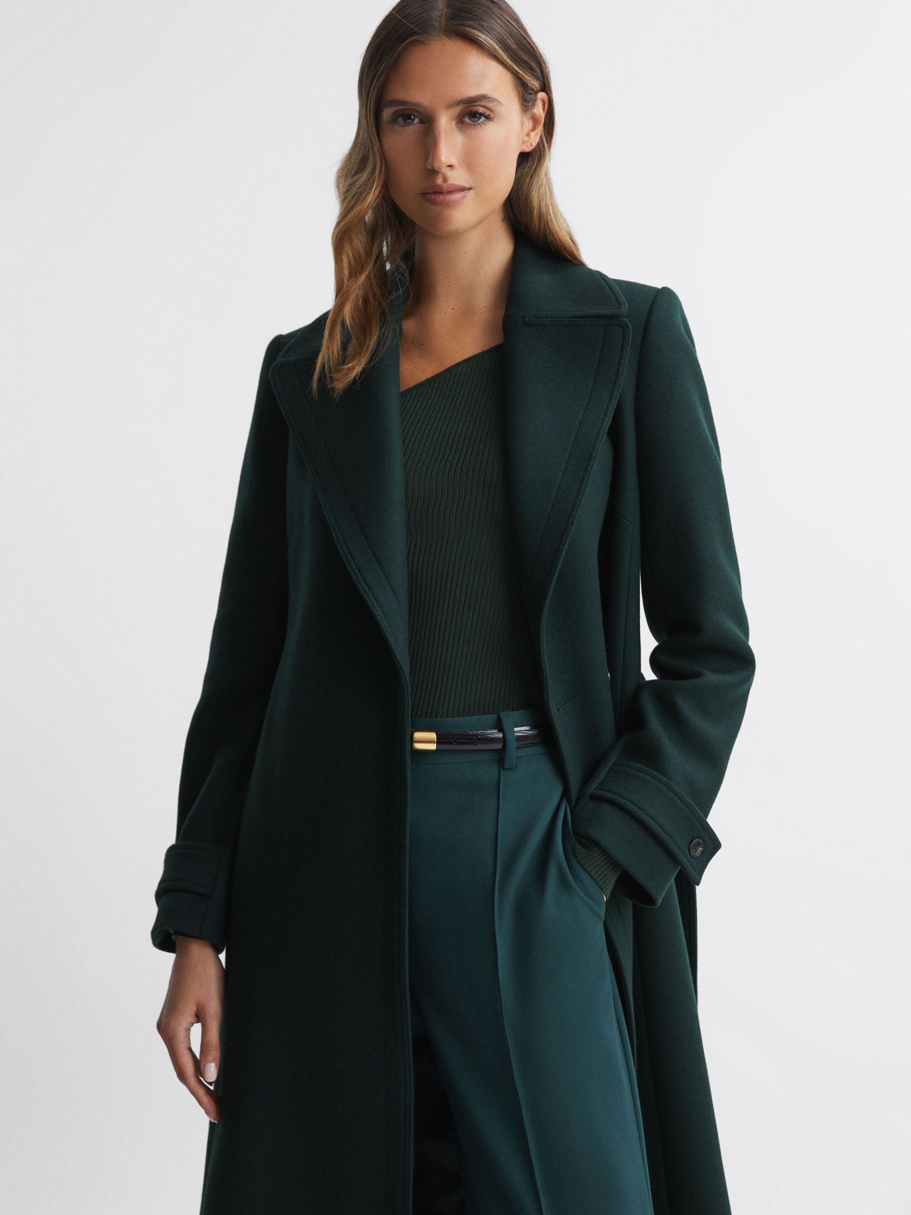 Reiss Tor Mid Length Belted Coat, Green