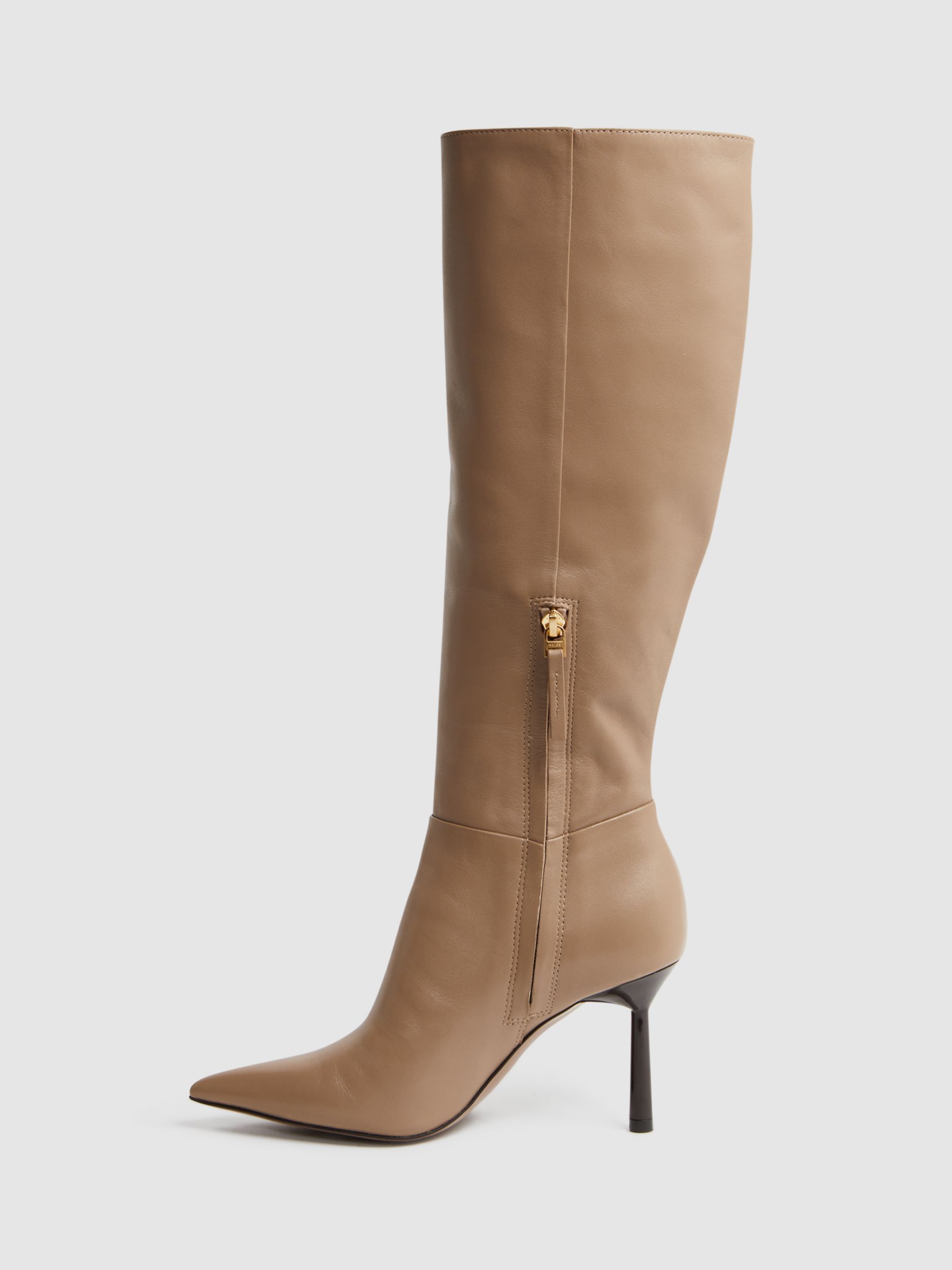 Reiss Gracyn High Heel Leather Knee High Boots, Camel, 6