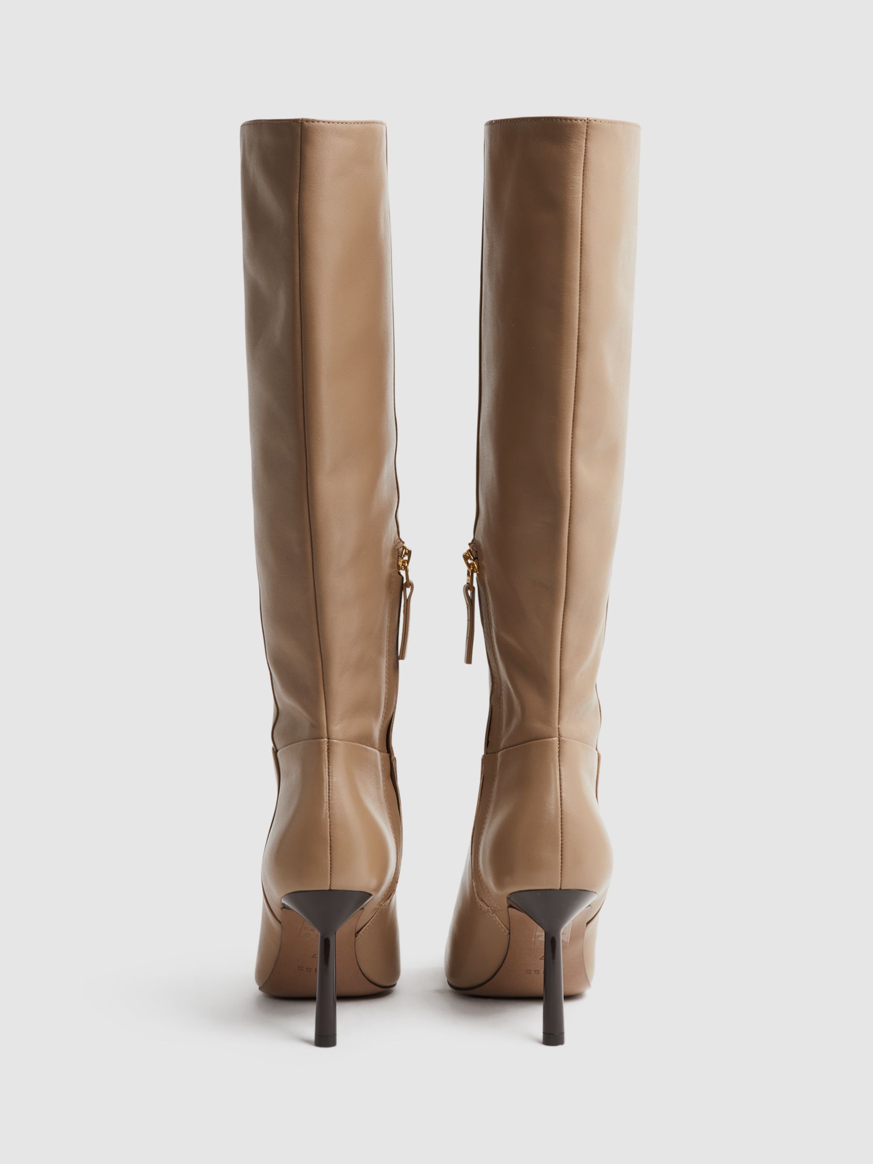 Reiss Gracyn High Heel Leather Knee High Boots, Camel, 6