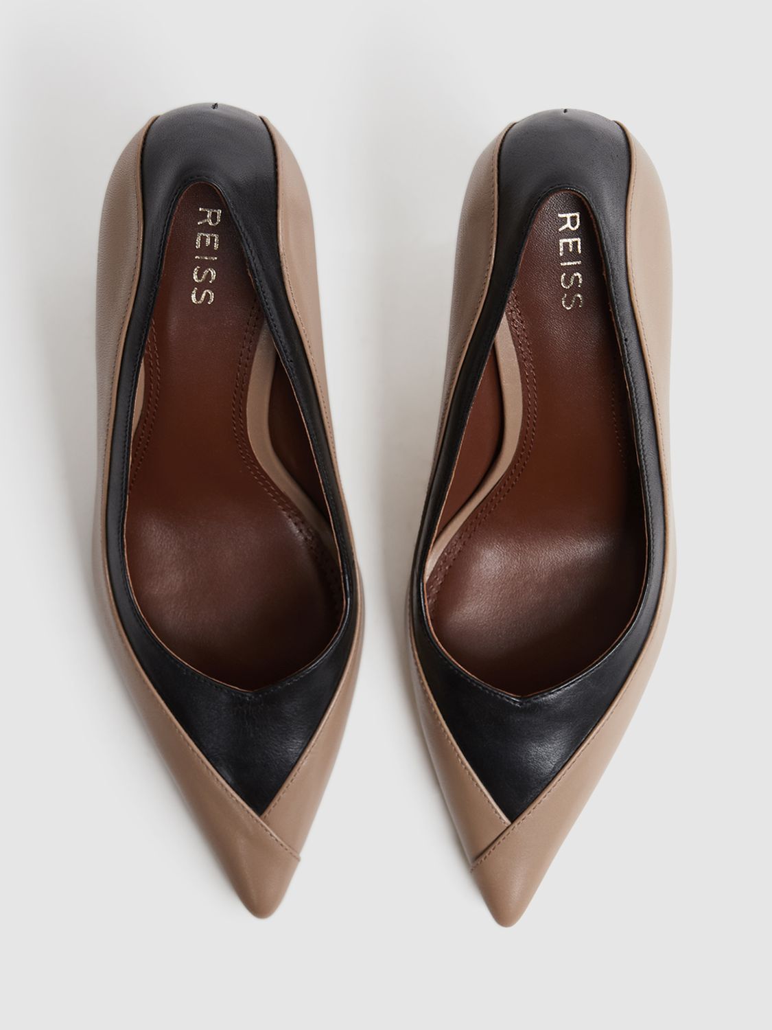 Reiss Gwyneth High Heel Leather Court Shoes, Camel/Black, 4