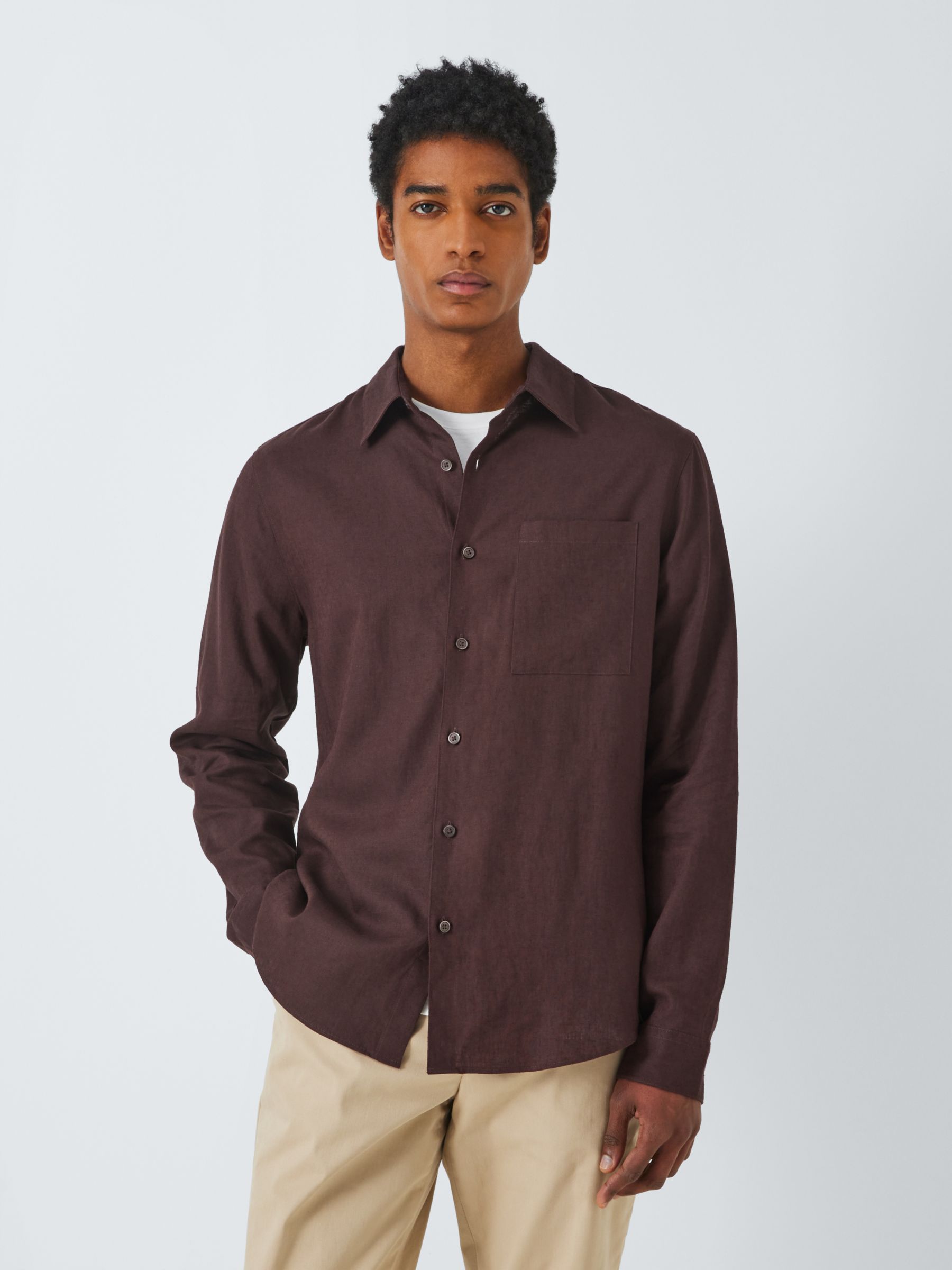 Kin Linen Blend Long Sleeve Shirt, Chocolate Plum at John Lewis & Partners