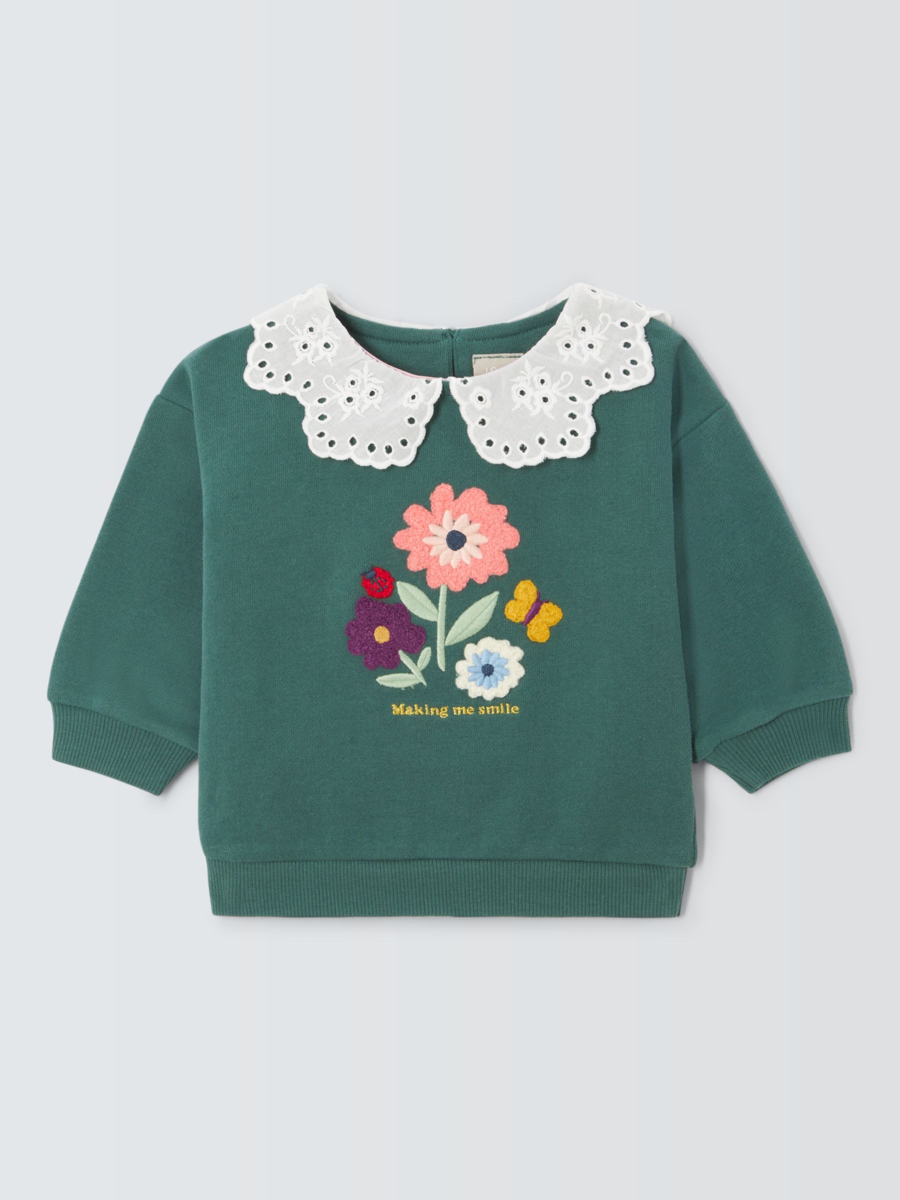 John Lewis Baby Floral Embroidered Lace Collar Sweatshirt, Green/Multi, 6-9 months