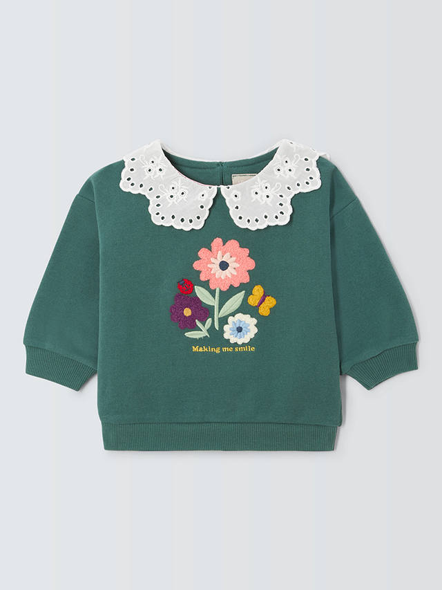 John Lewis Baby Floral Embroidered Lace Collar Sweatshirt, Green/Multi