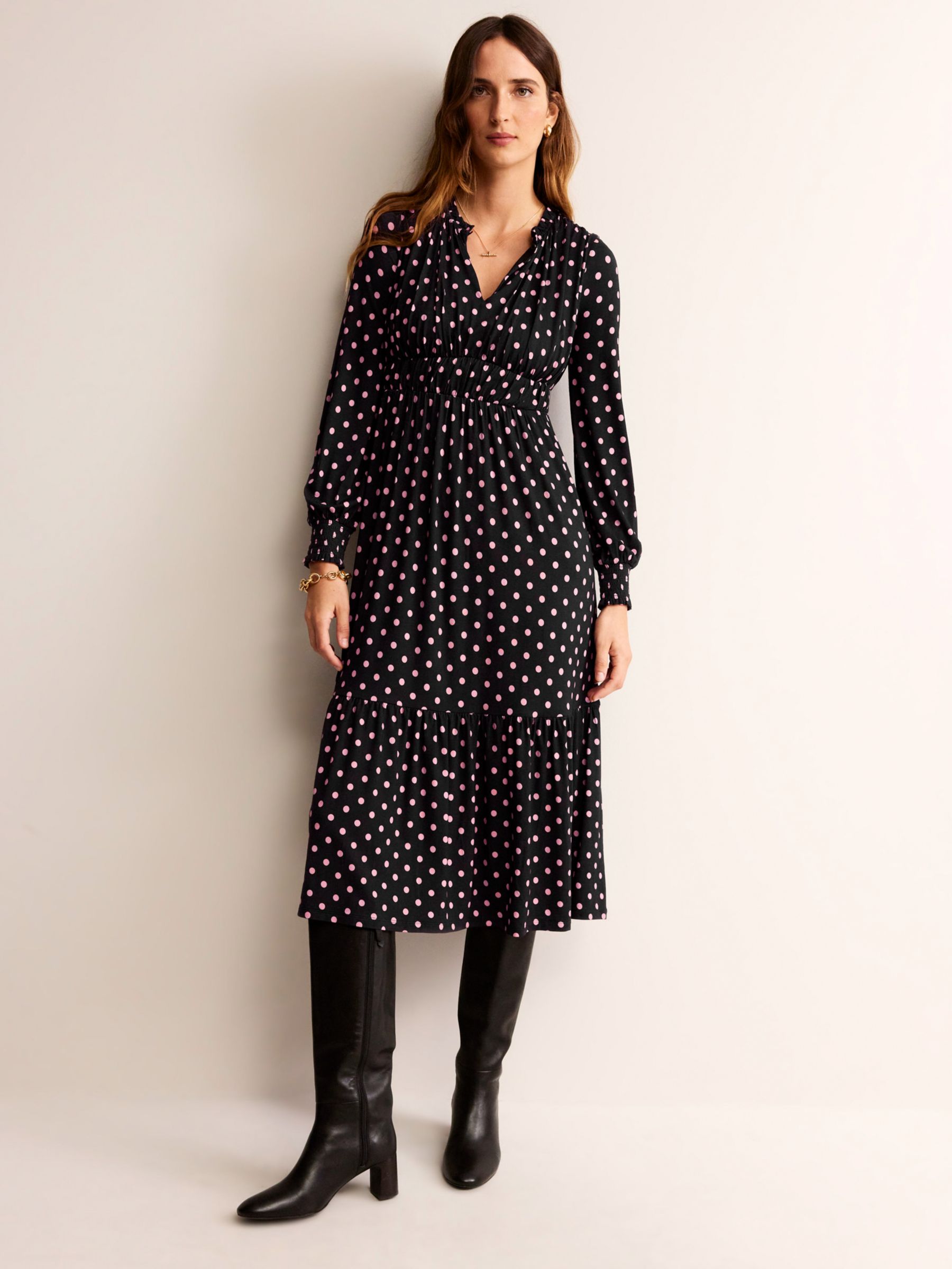 Boden Ruched Polka Dot Midi Tea Dress, Black/Pink at John Lewis & Partners