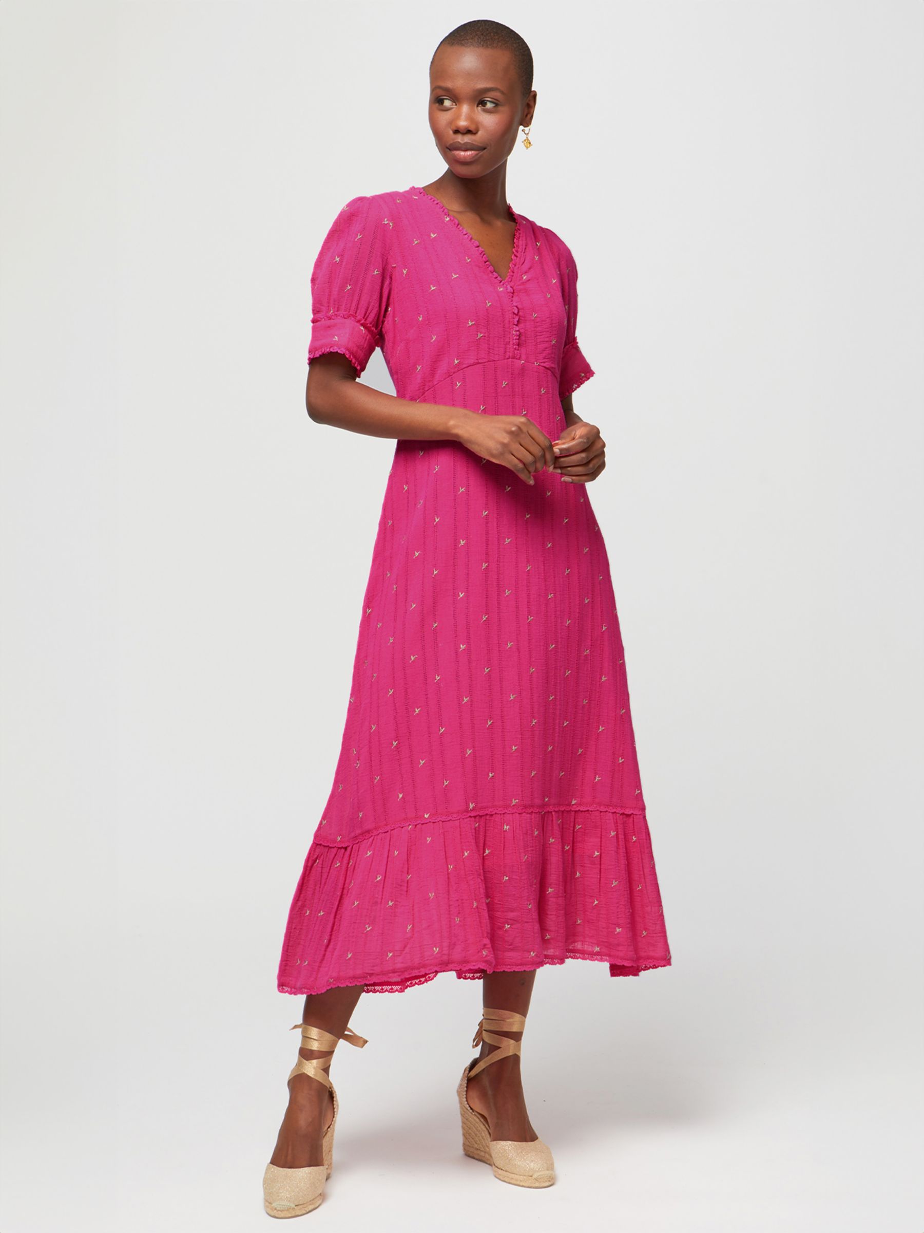 Aspiga Poppy Embroidered Jacquard Midi Dress, Pink at John Lewis & Partners
