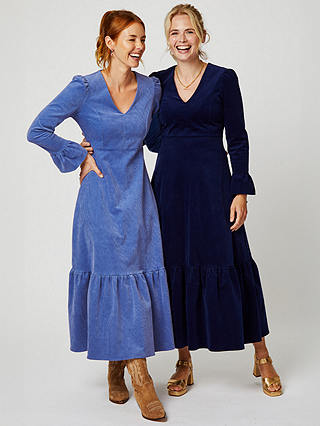 Aspiga Victoria V-Neck Corduroy Midi Dress, Cornflower Blue