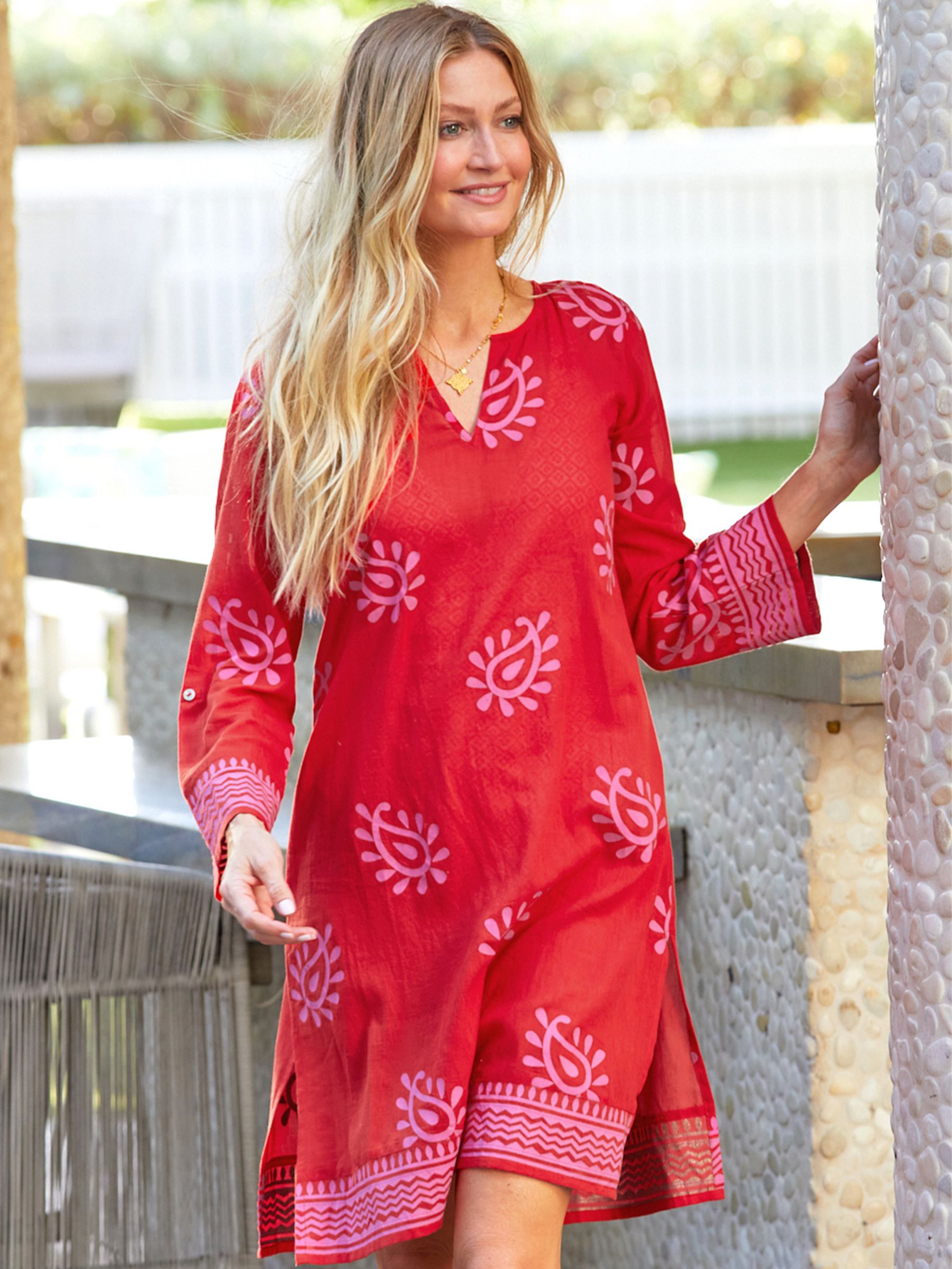 Aspiga Guadalupe Short Kaftan Paisley Red Pink at John Lewis