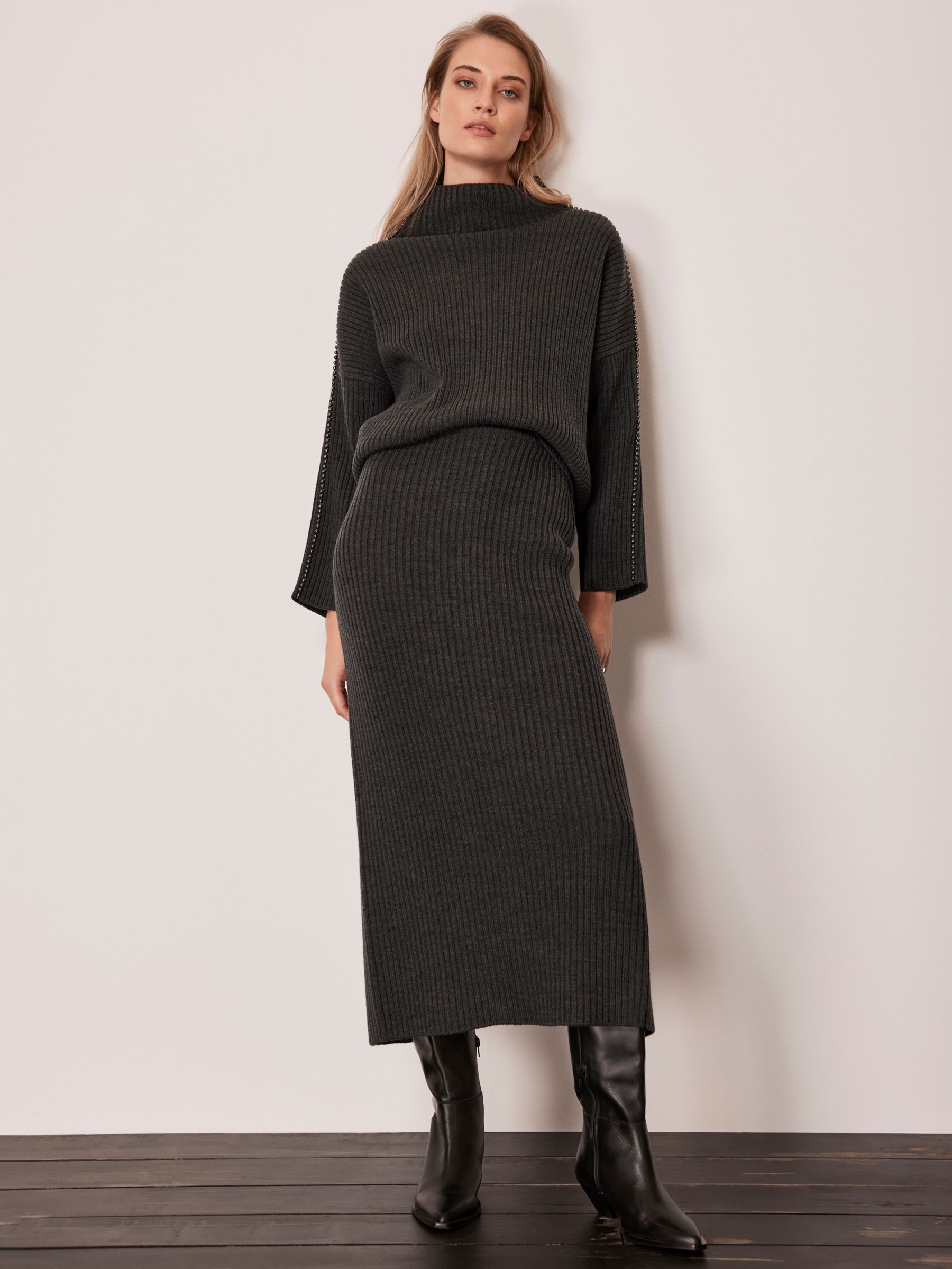 Mint Velvet Wool Blend Ribbed Midi Skirt, Dark Grey