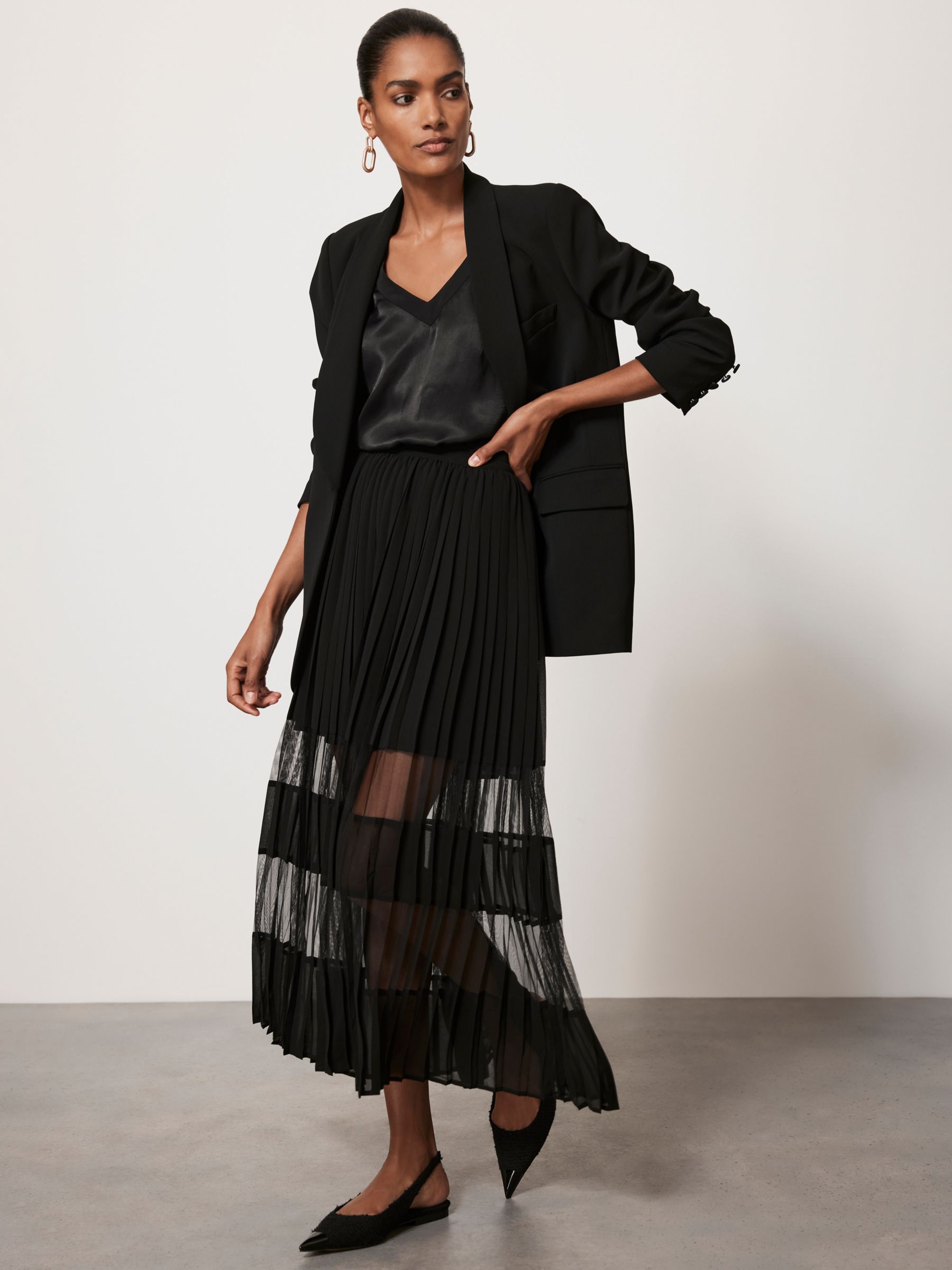 Fashionable Babe Black Satin Pleated Midi Skirt