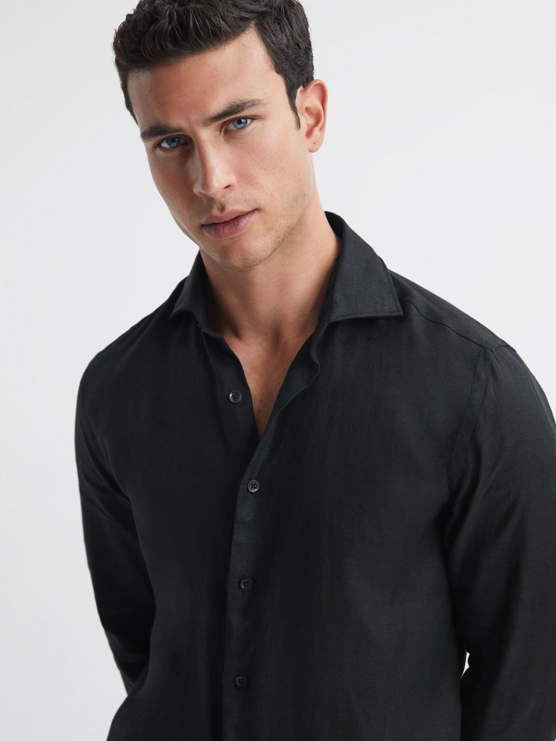 Reiss Rex Long Sleeve Linen Shirt, Black, XS