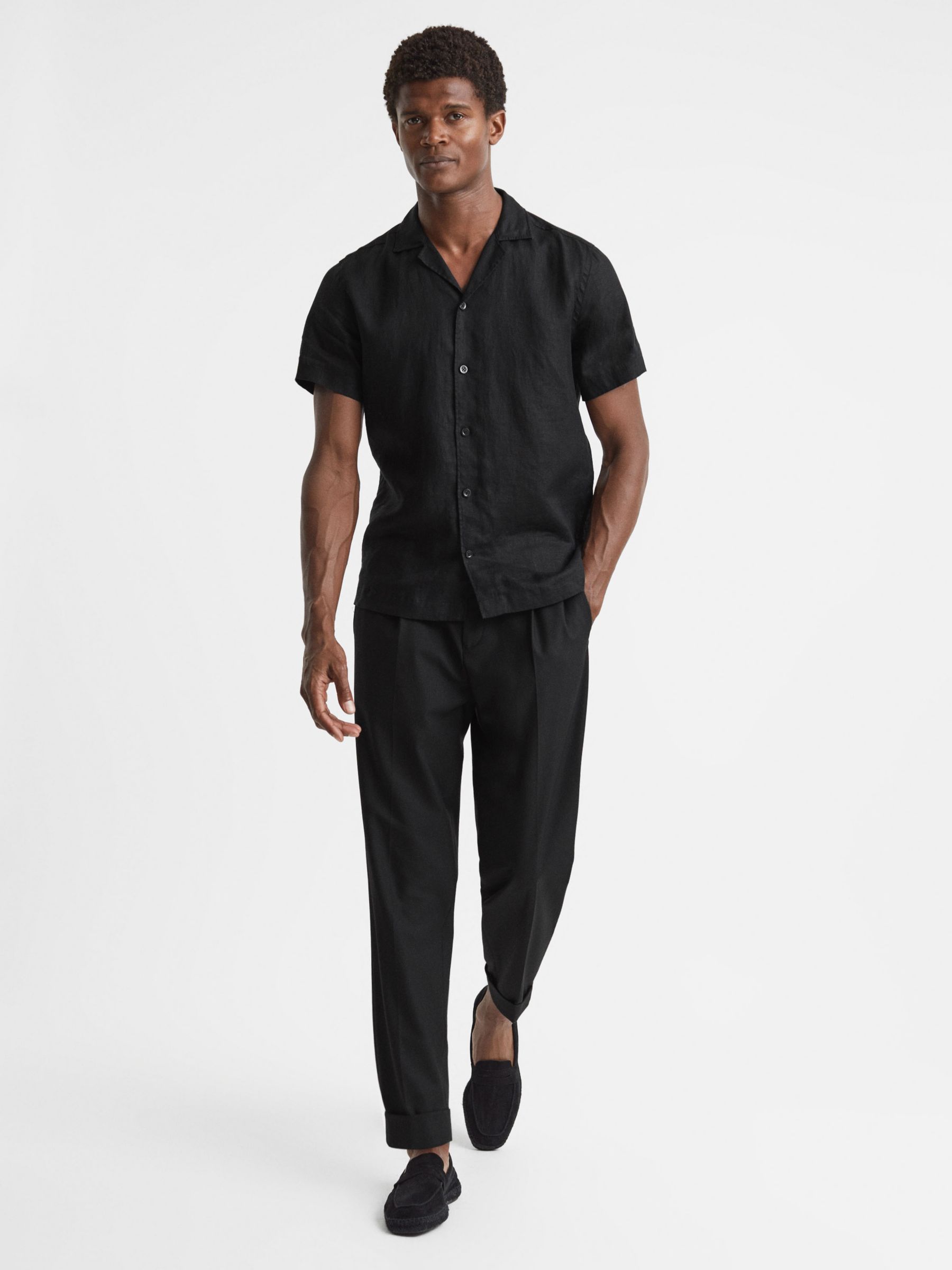 Reiss Rebel Short Sleeve Cuban Collar Shirt, Black at John Lewis & Partners