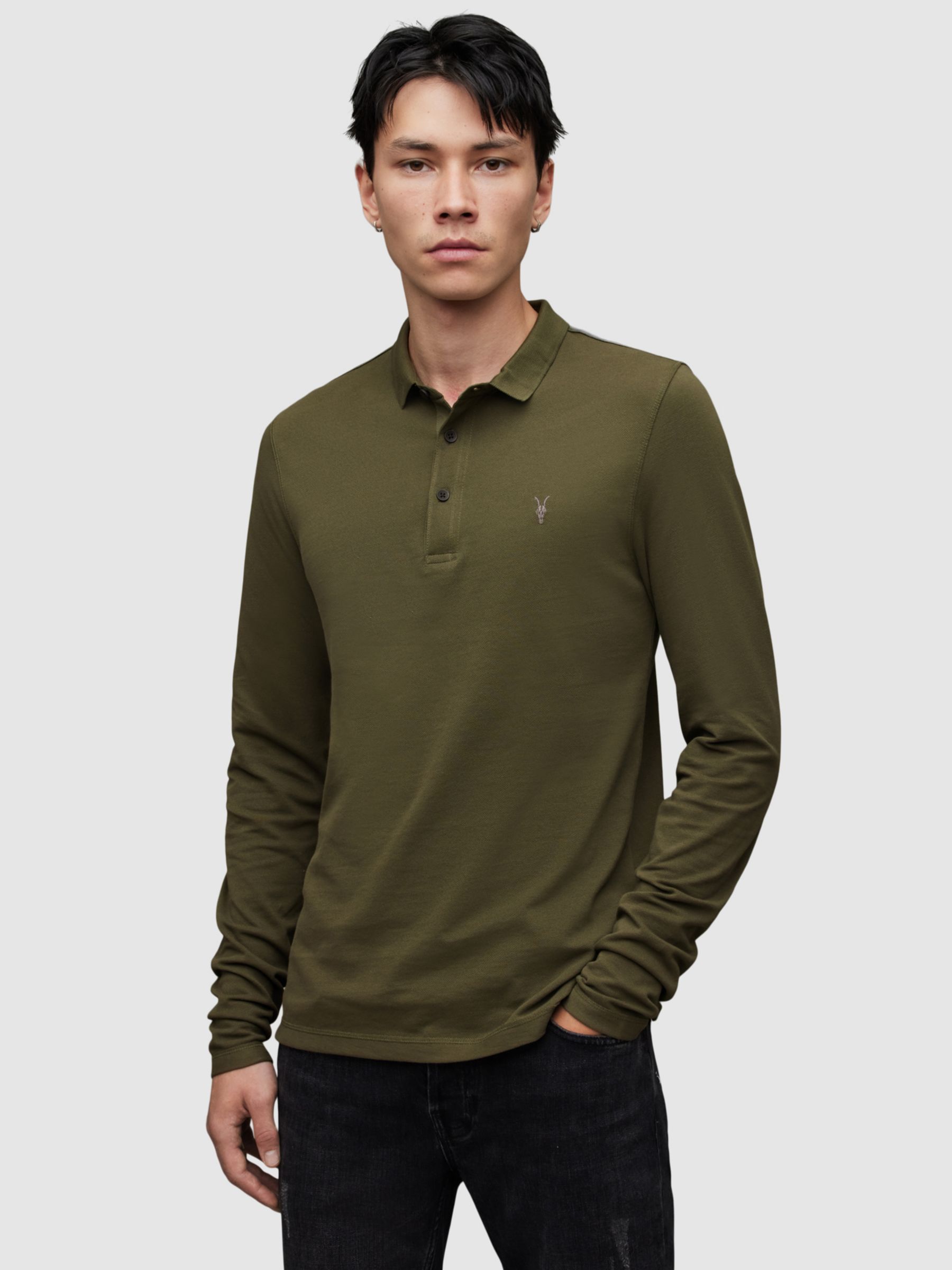 AllSaints Reform Long Sleeved Polo Shirt, Sorghum Green, Sorghum