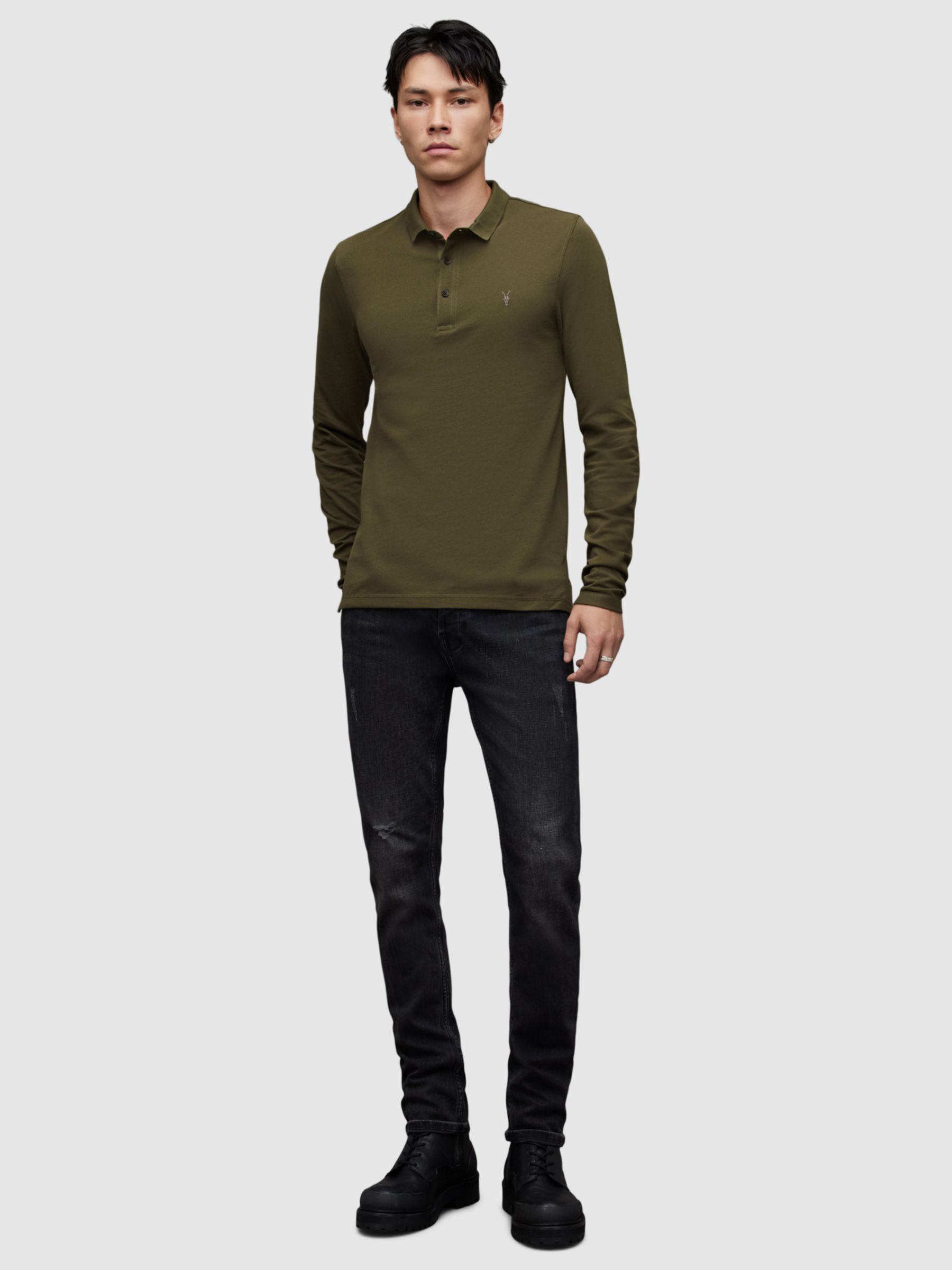 AllSaints Reform Long Sleeved Polo Shirt, Sorghum Green, Sorghum